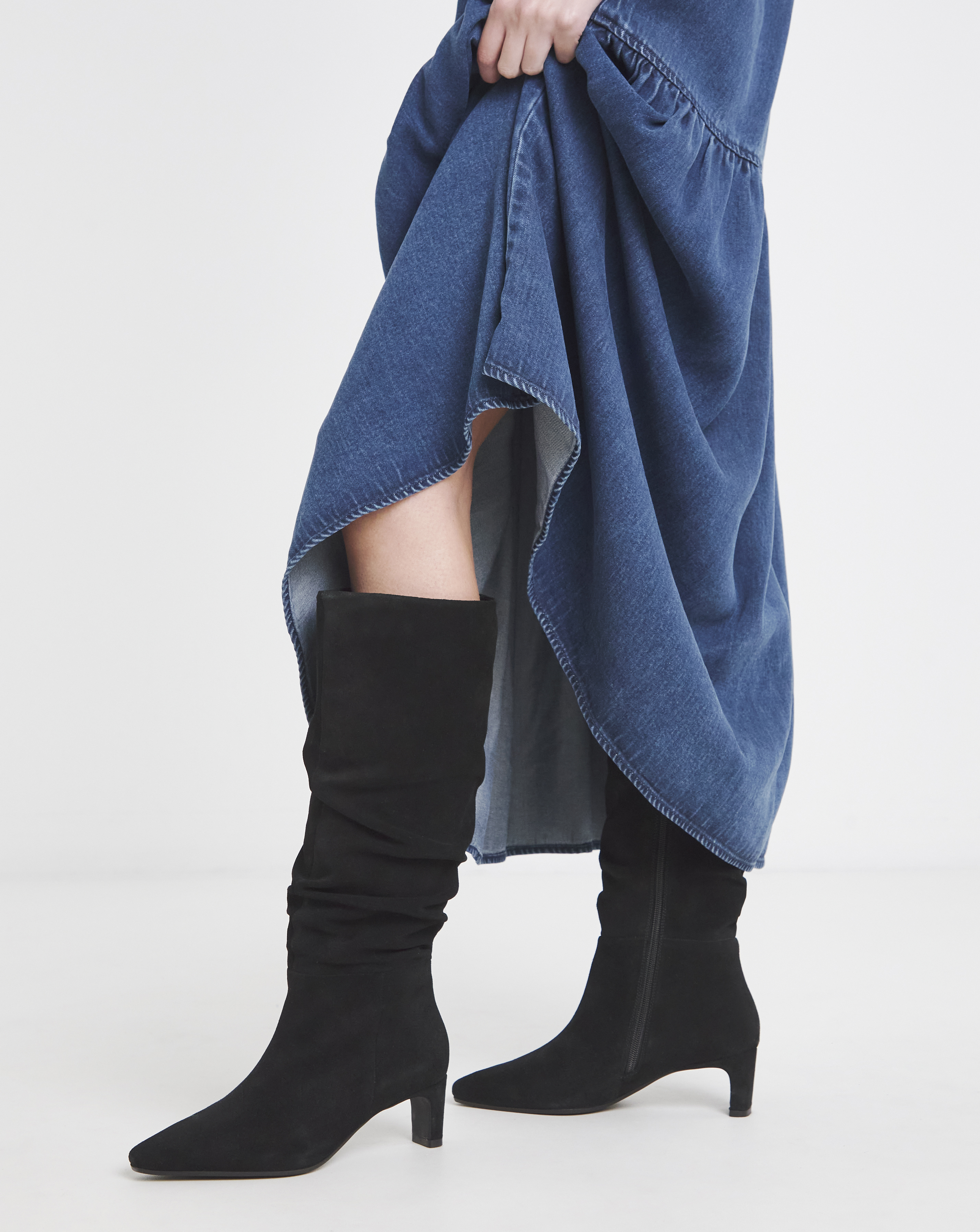 Ruched Suede Kitten Heel Boot Wide C
