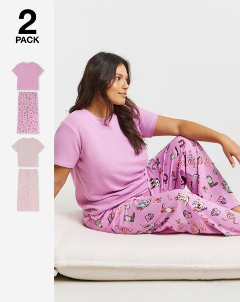 Pink 2 Pack Ribbed Top PJ Sets