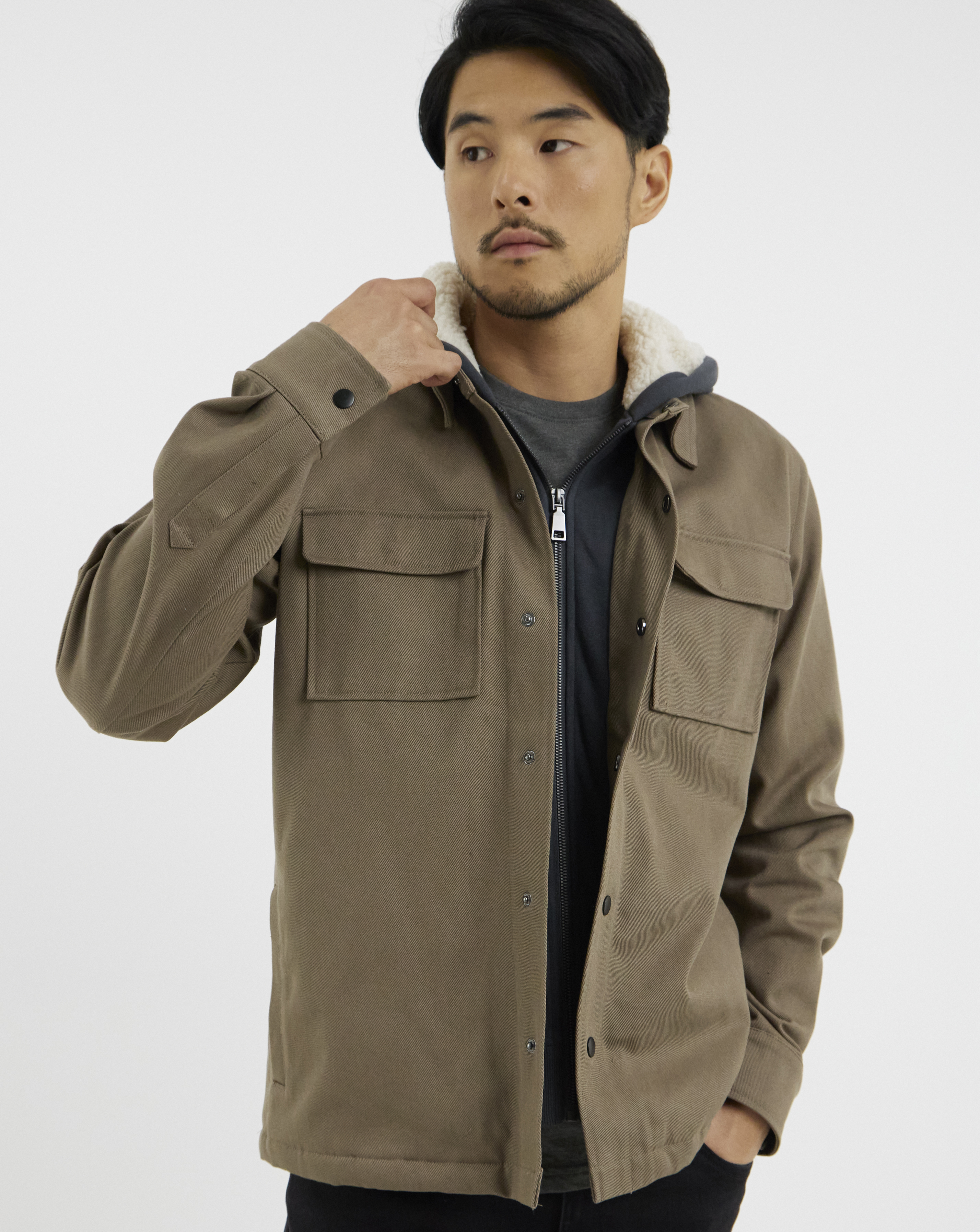 Hooded Borg Lined Twill Overshirt