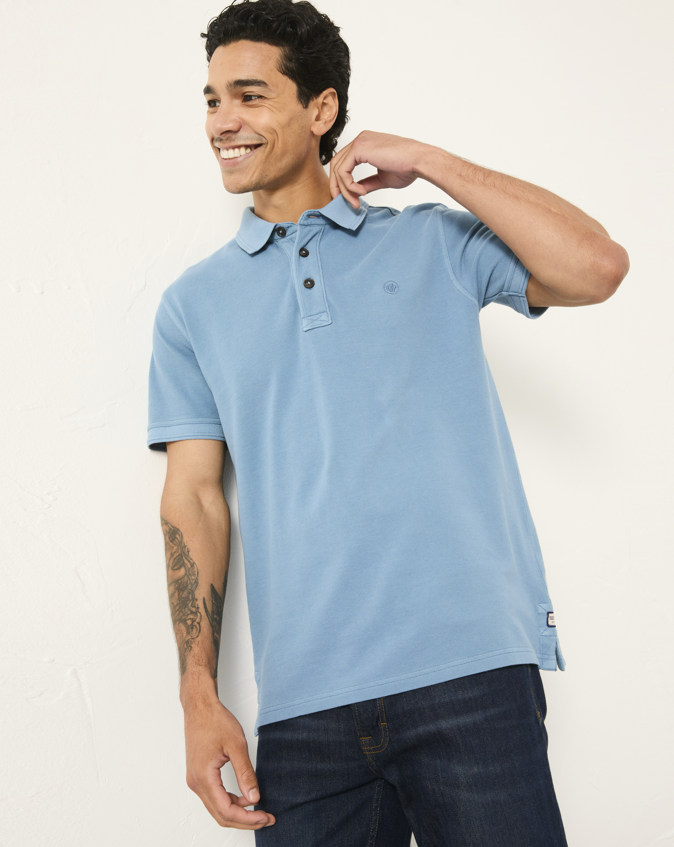 Fatface Chambray Blue Short Sleeve Pique Polo - Blue - Small
