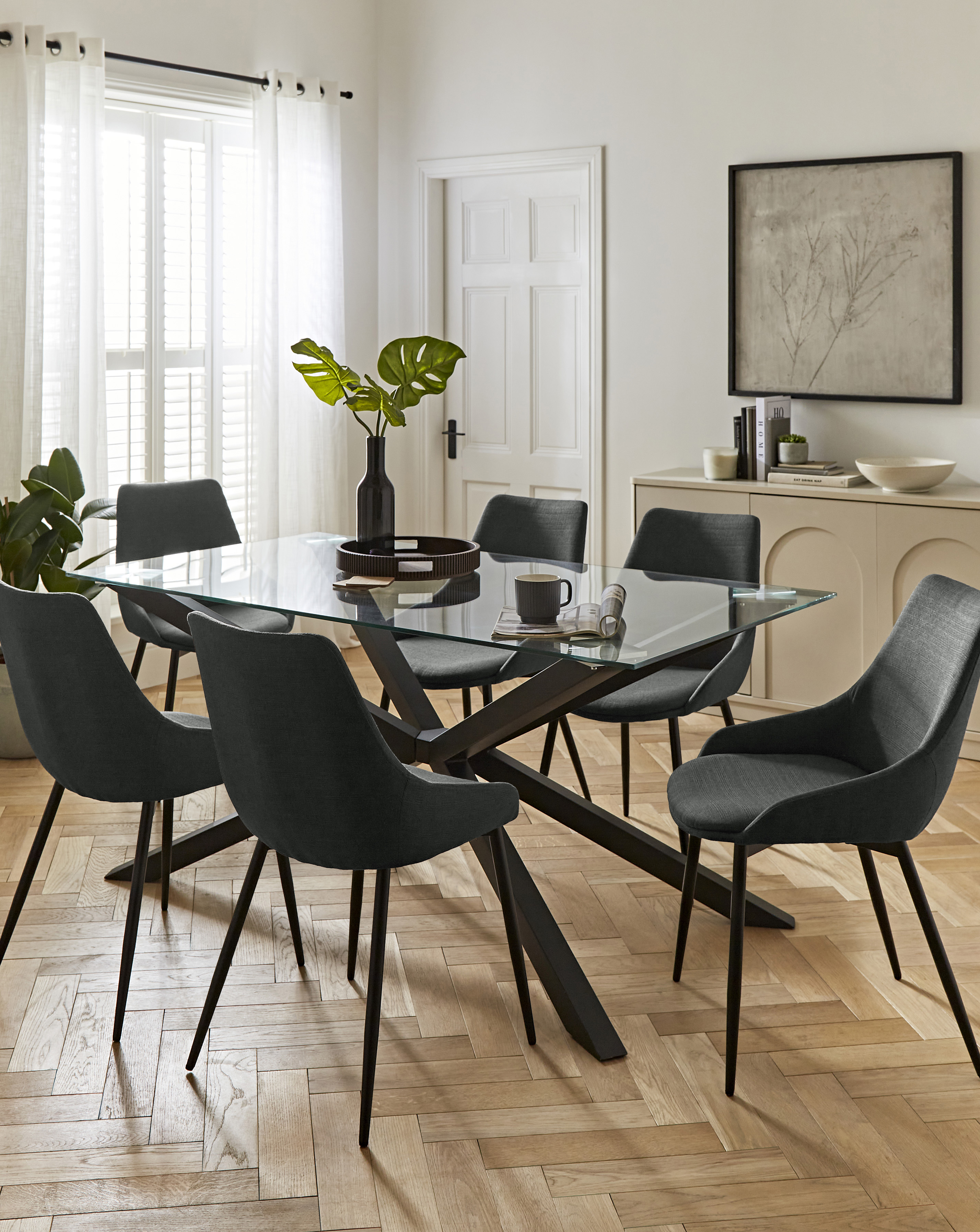 Bodie Black Table & 6 Etta Fabric Chairs
