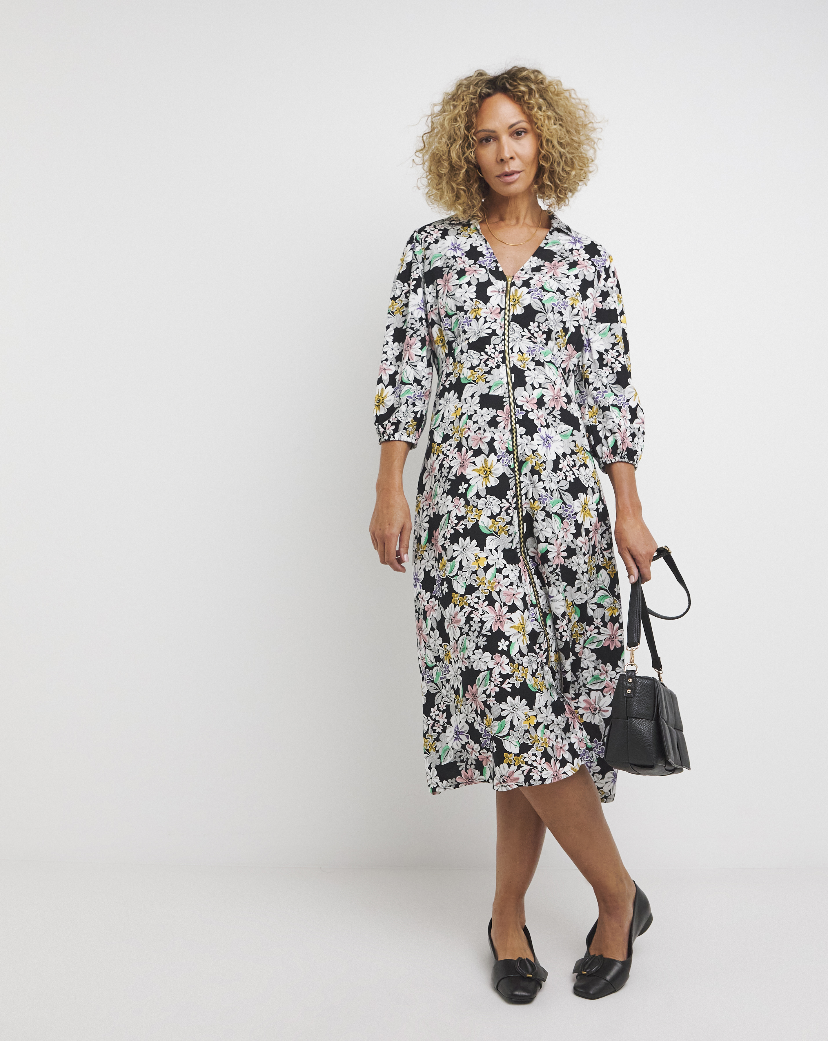 Zip Front Shirt Dress With Open Neck