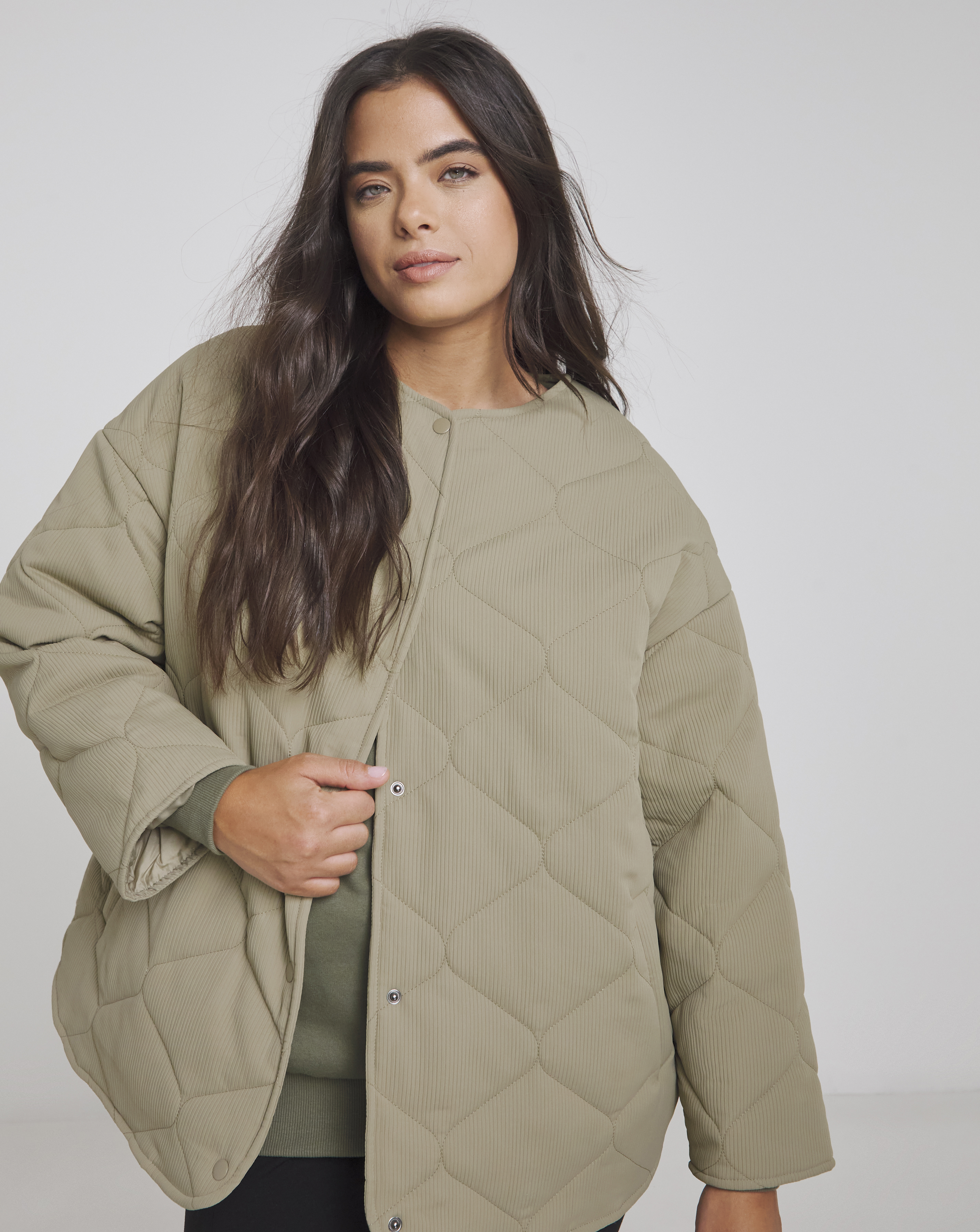 Khaki Quilted Round Collar Jacket