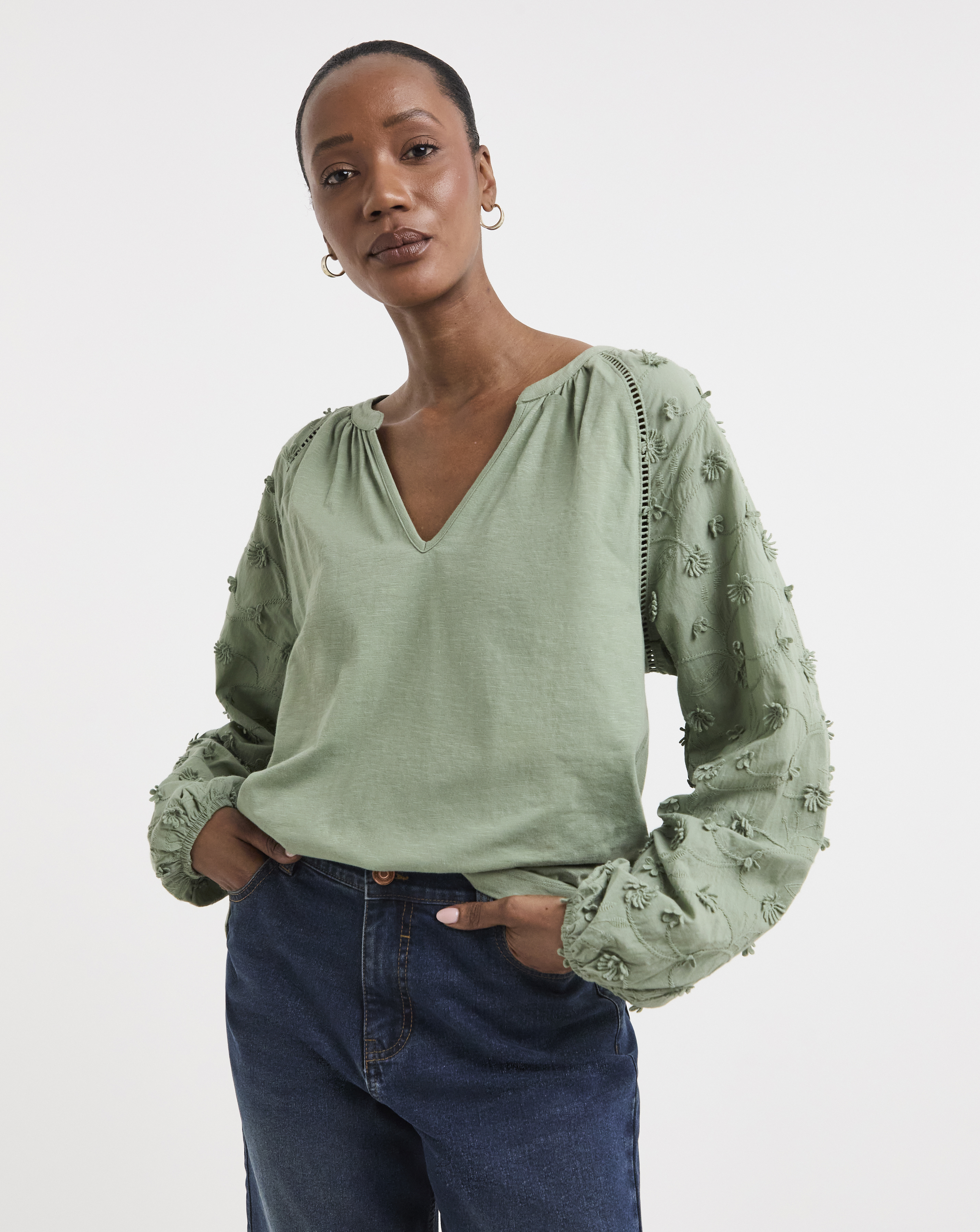 V neck 3D Floral long Sleeve Blouse