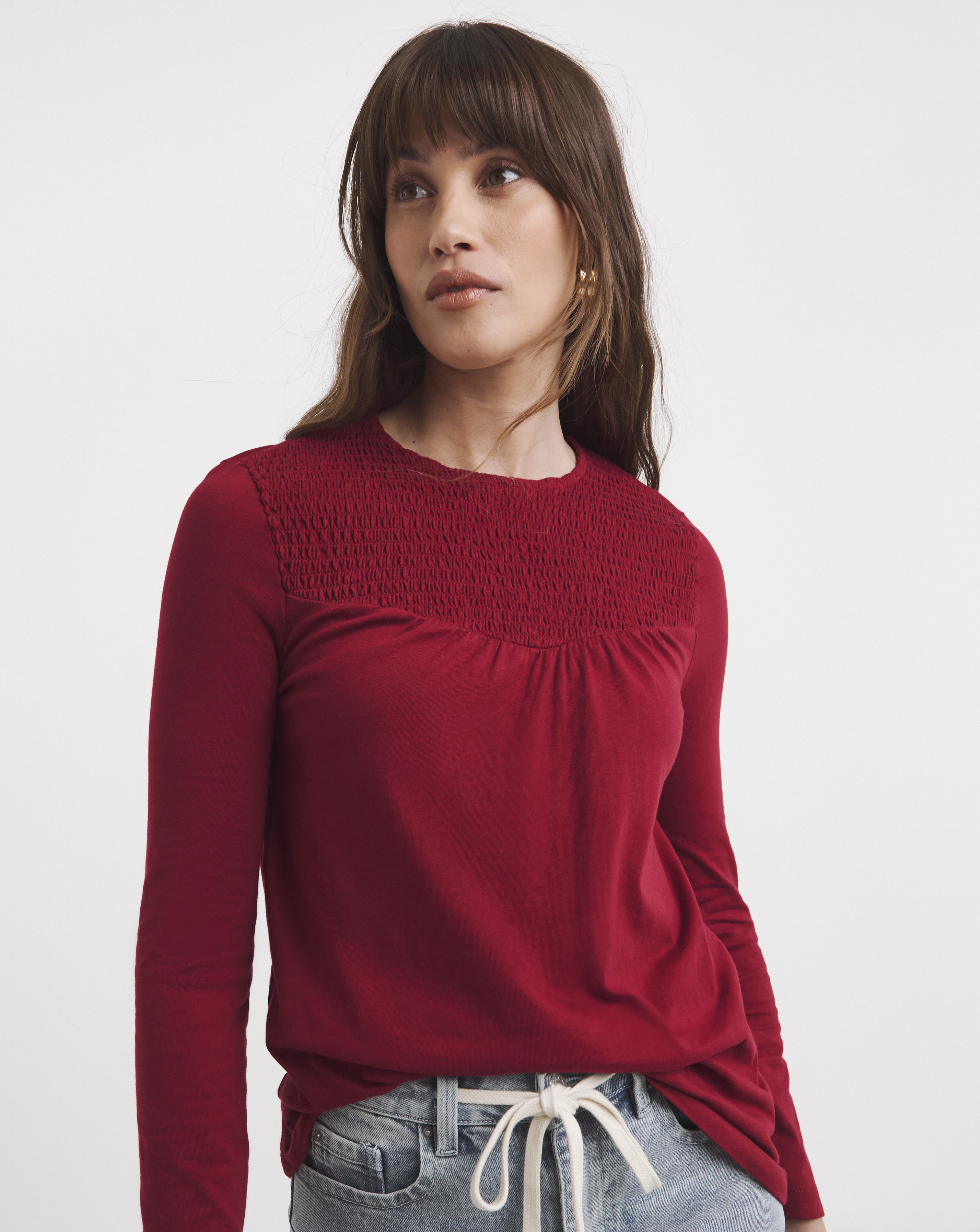 Red Cotton Shirred Yoke Top