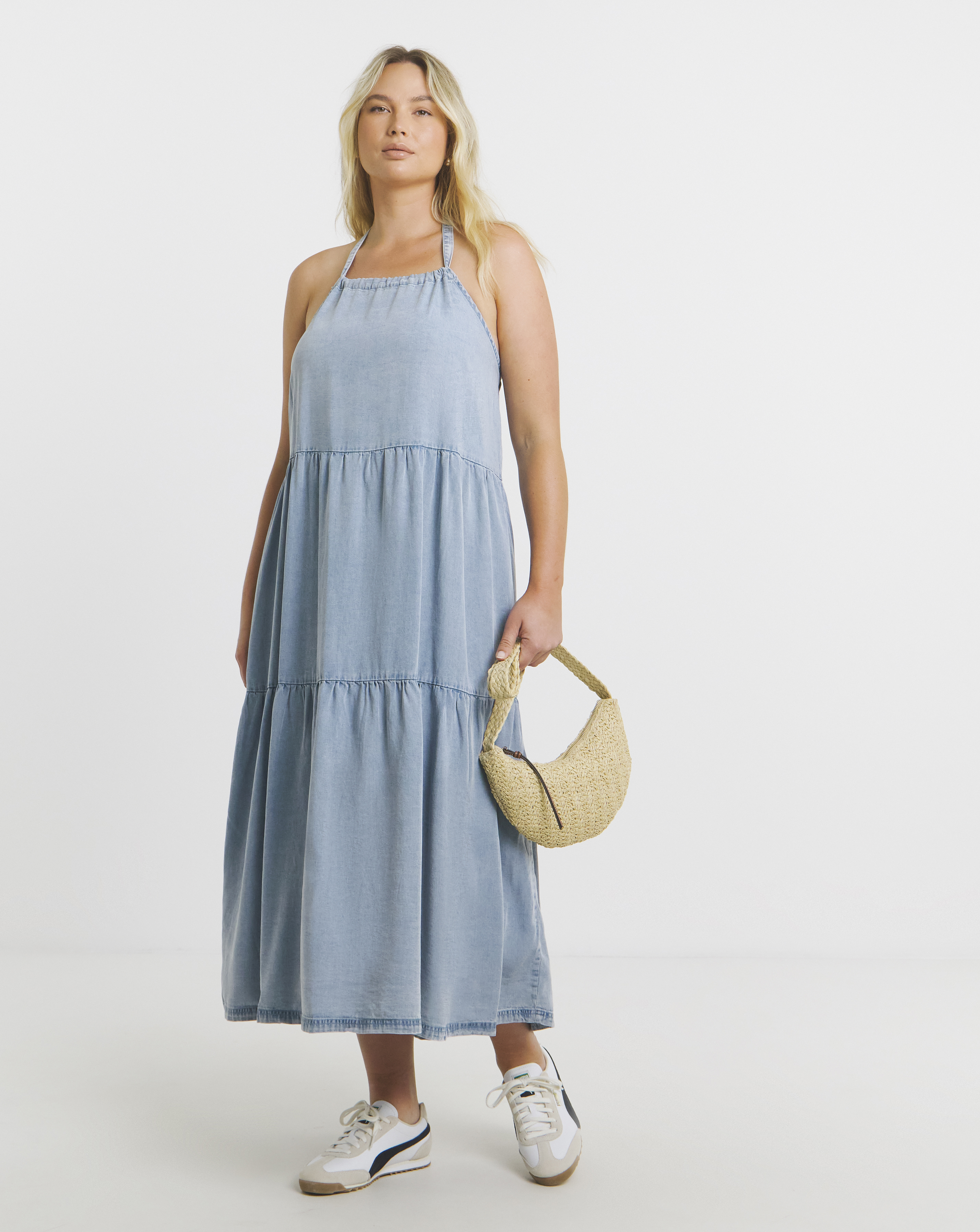 Simply Be - Women's Blue Halter Tiered Maxi Dress - Size 20 - Light wash - 100% Lyocell - Sustainable