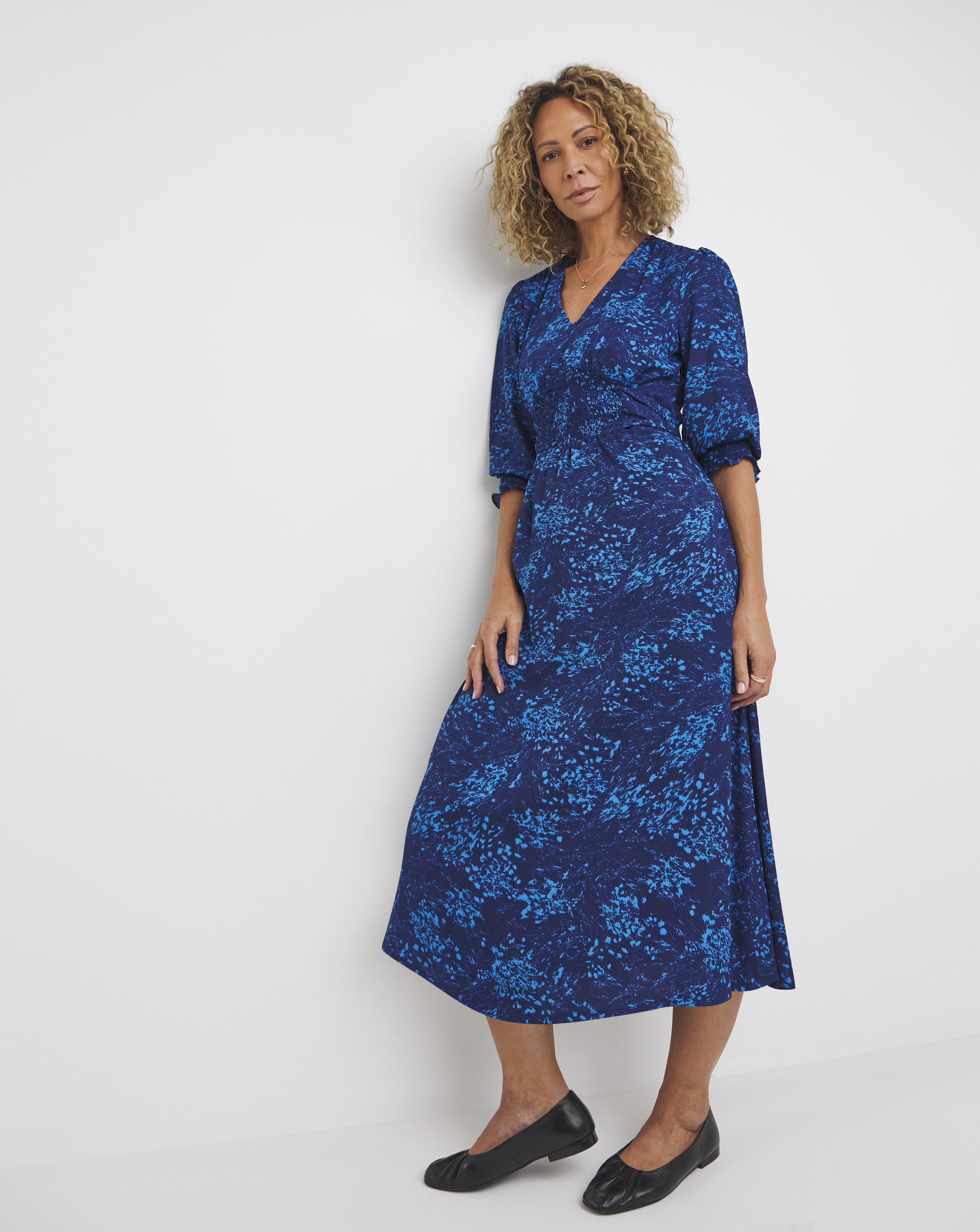 Tie Front Shirred Detail Midi Dress
