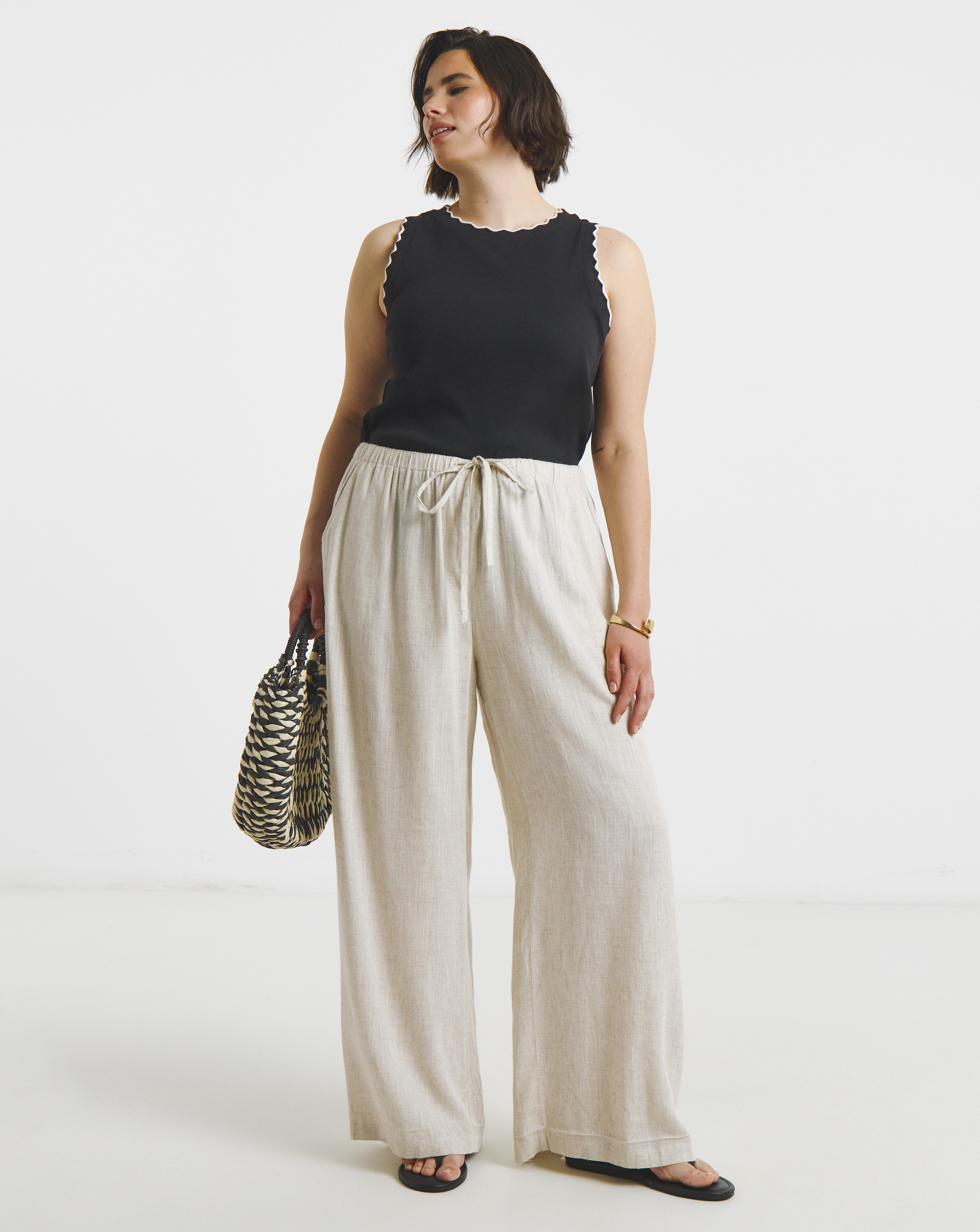 Tie Waist Wide Leg Linen Mix Trousers