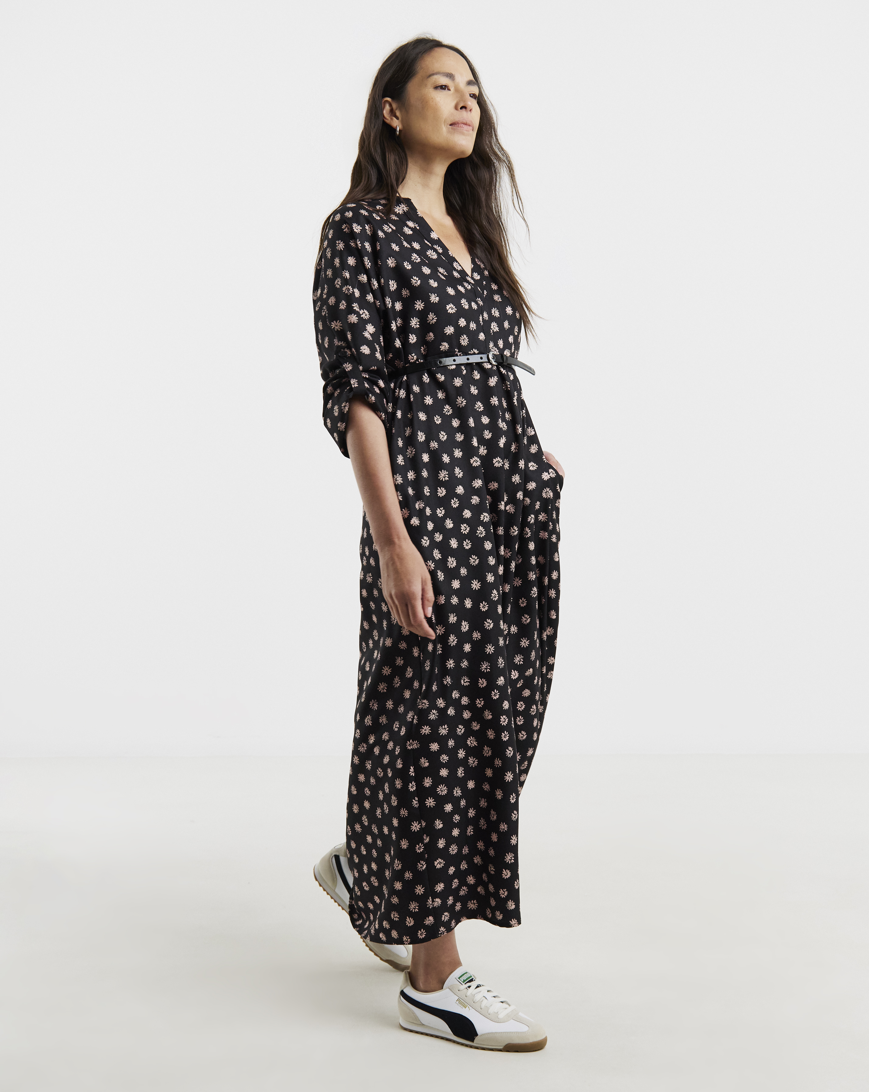Collarless 3/4 Sleeve Smock Dress
