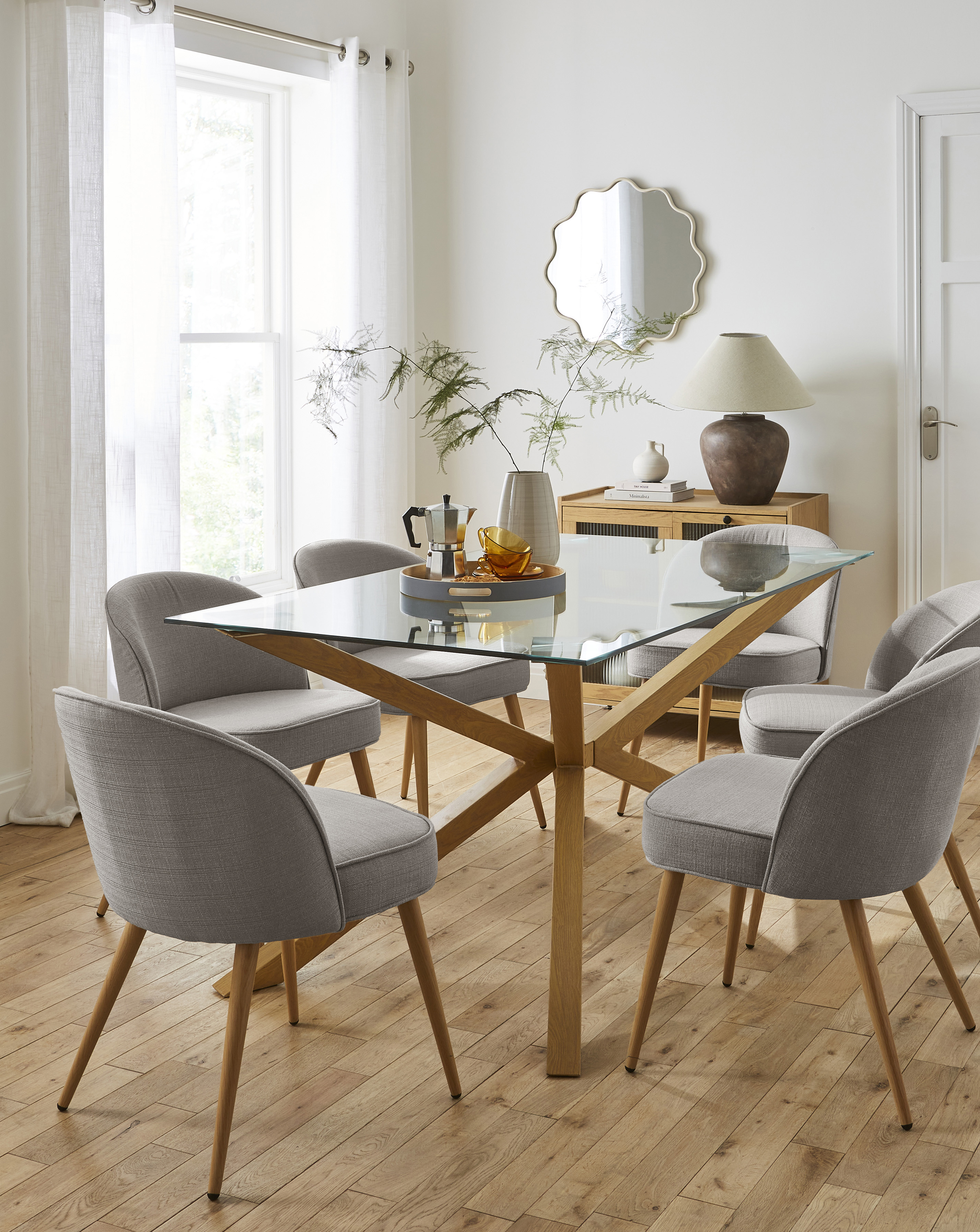 Bodie Oak Table & 6 Emilie Fabric Chairs