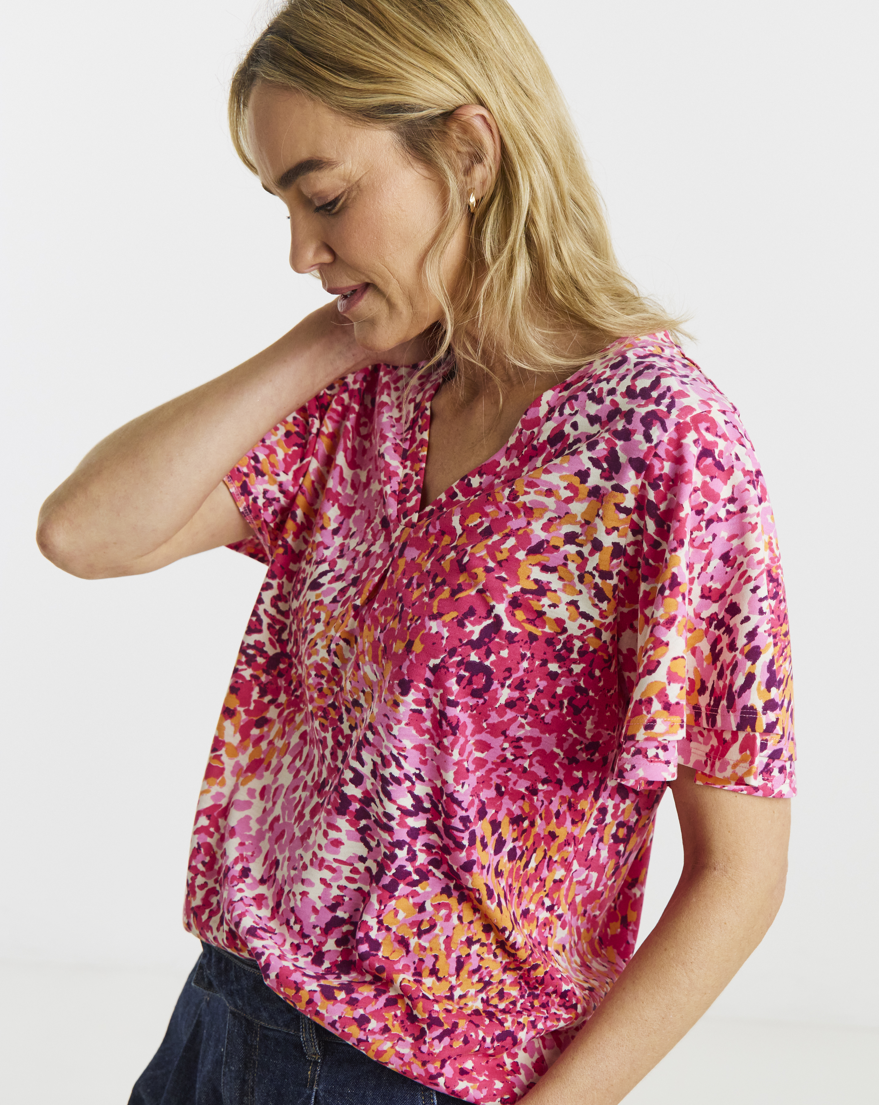 Pink Double Angel Sleeve V Neck Top