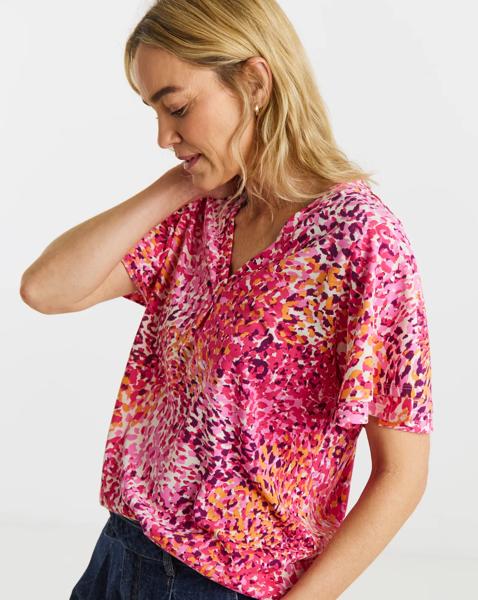 Pink Double Angel Sleeve V Neck Top