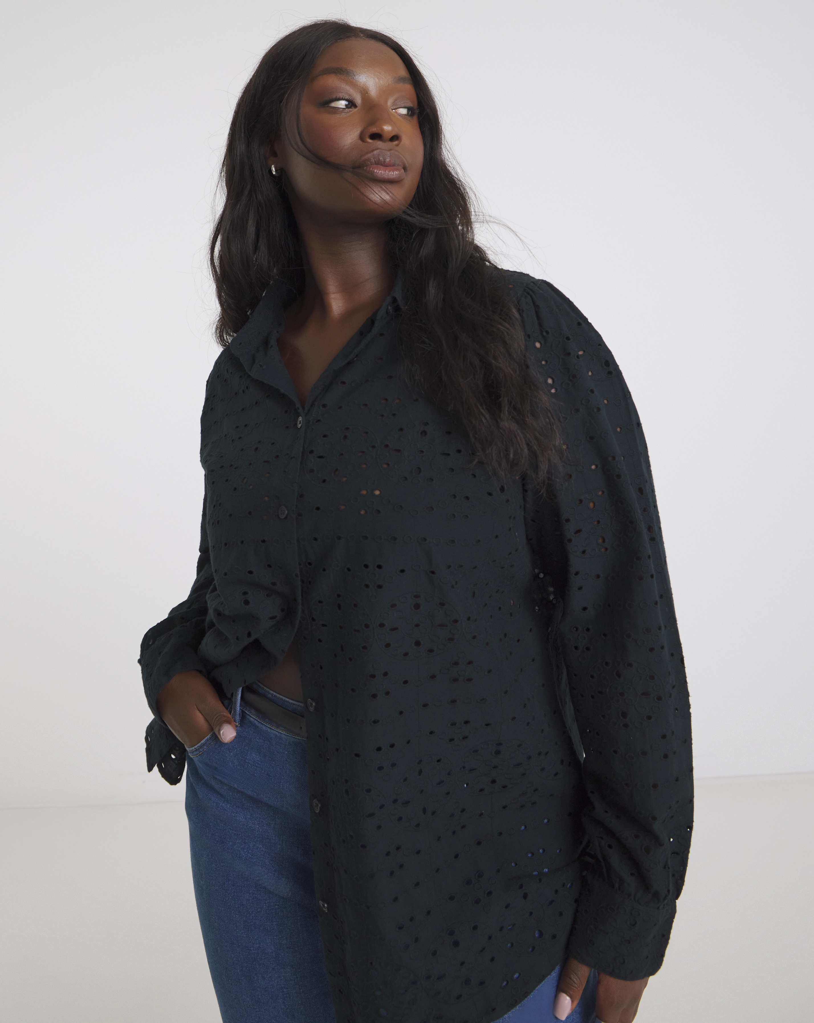 Black Broderie Long Sleeve Shirt