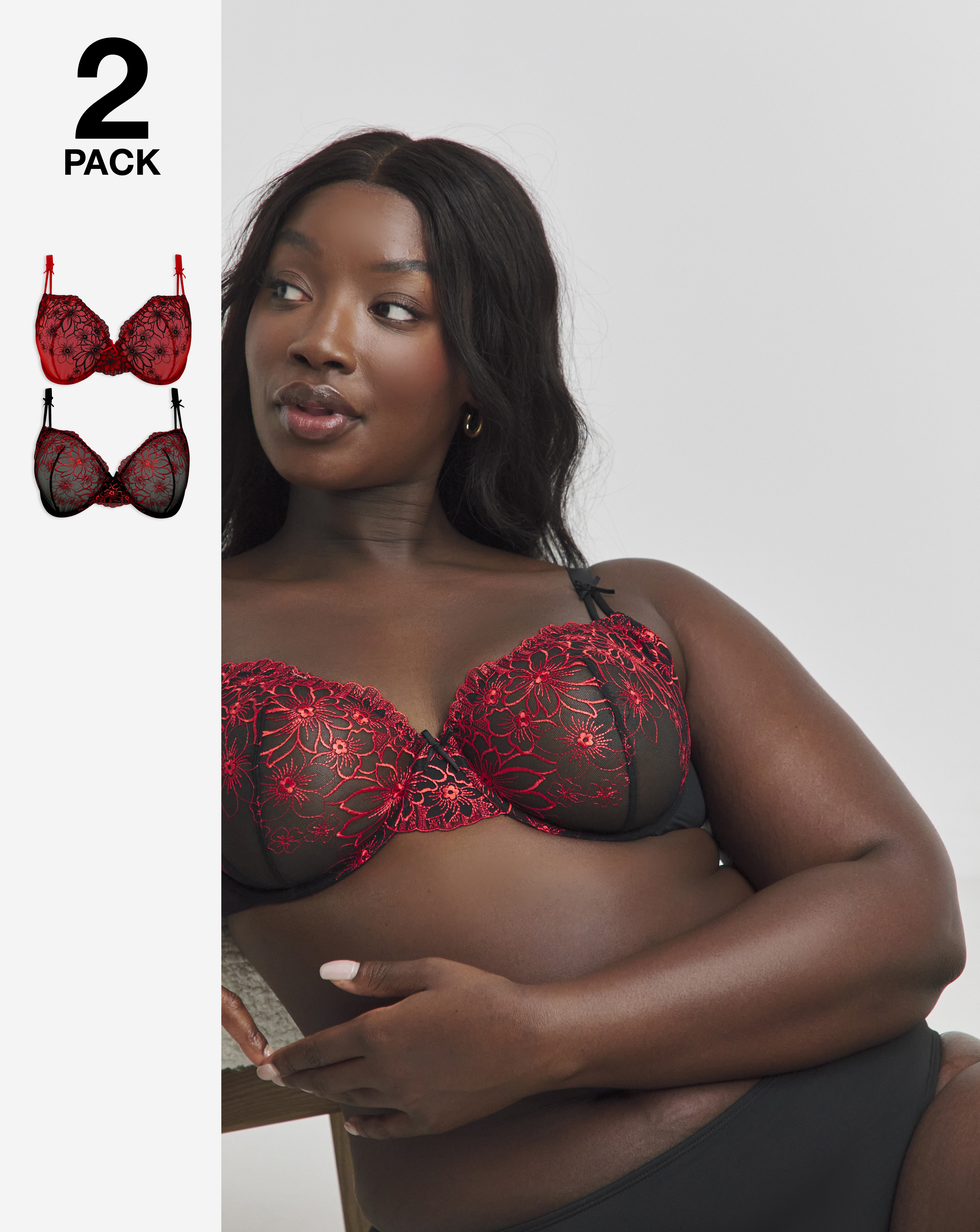 Simply Be 2 Pack Emily Embroidery Bras In Black/red | UK Size 38B Women's