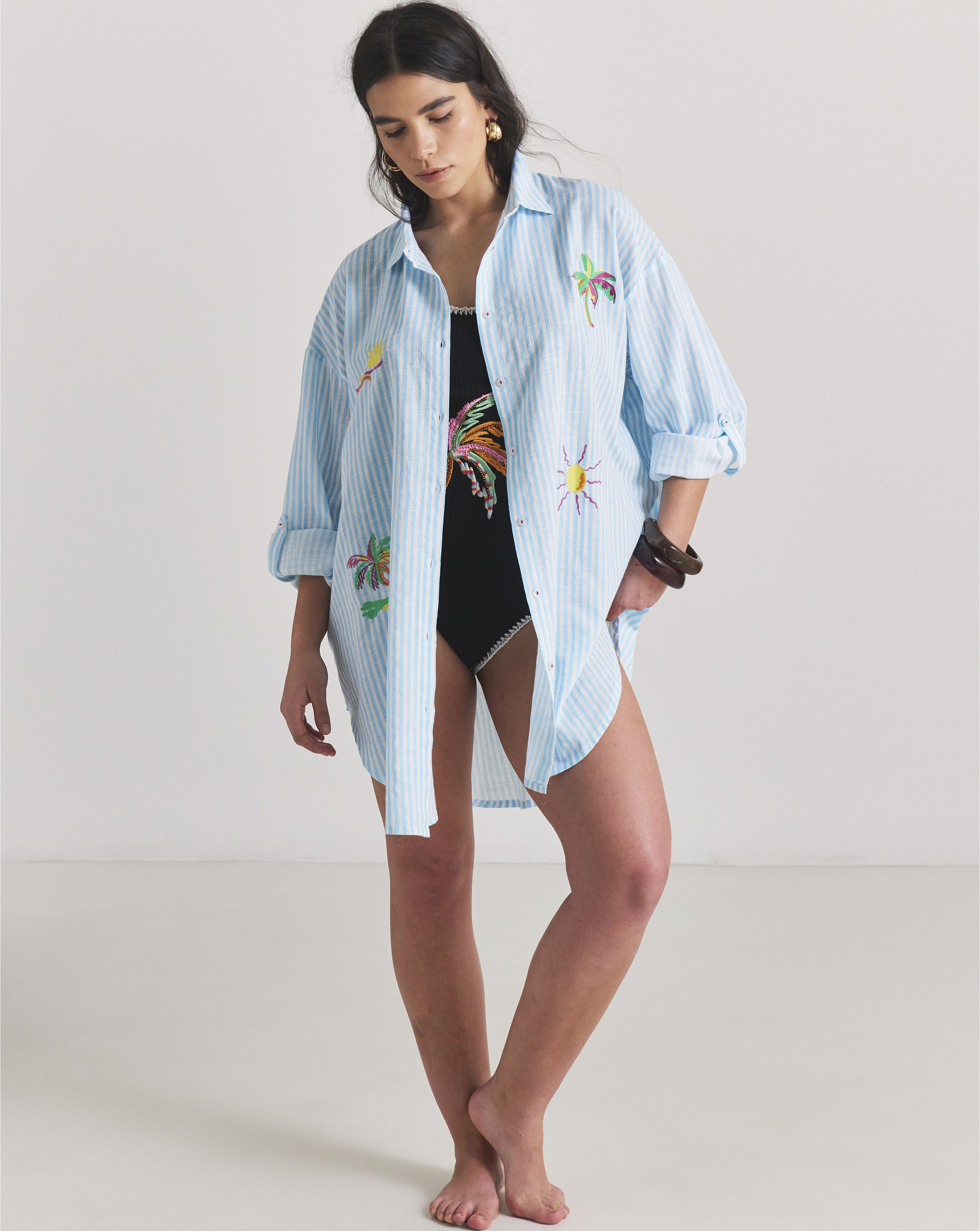 Embroidered Button Up Beach Shirt