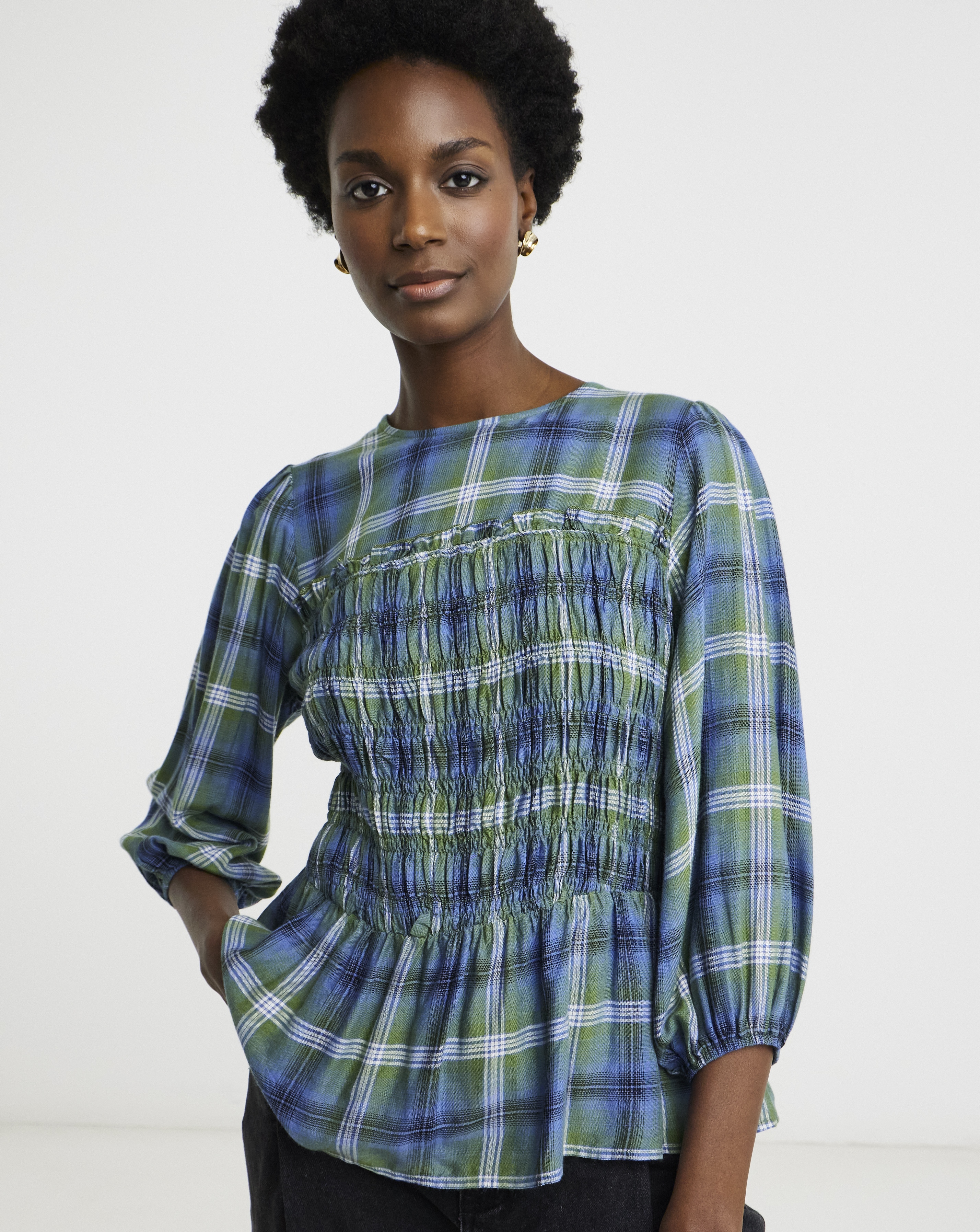 Shirred Three Quarter Sleeve Blouse