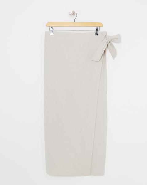 Stone Linen Mix Midi Wrap Skirt