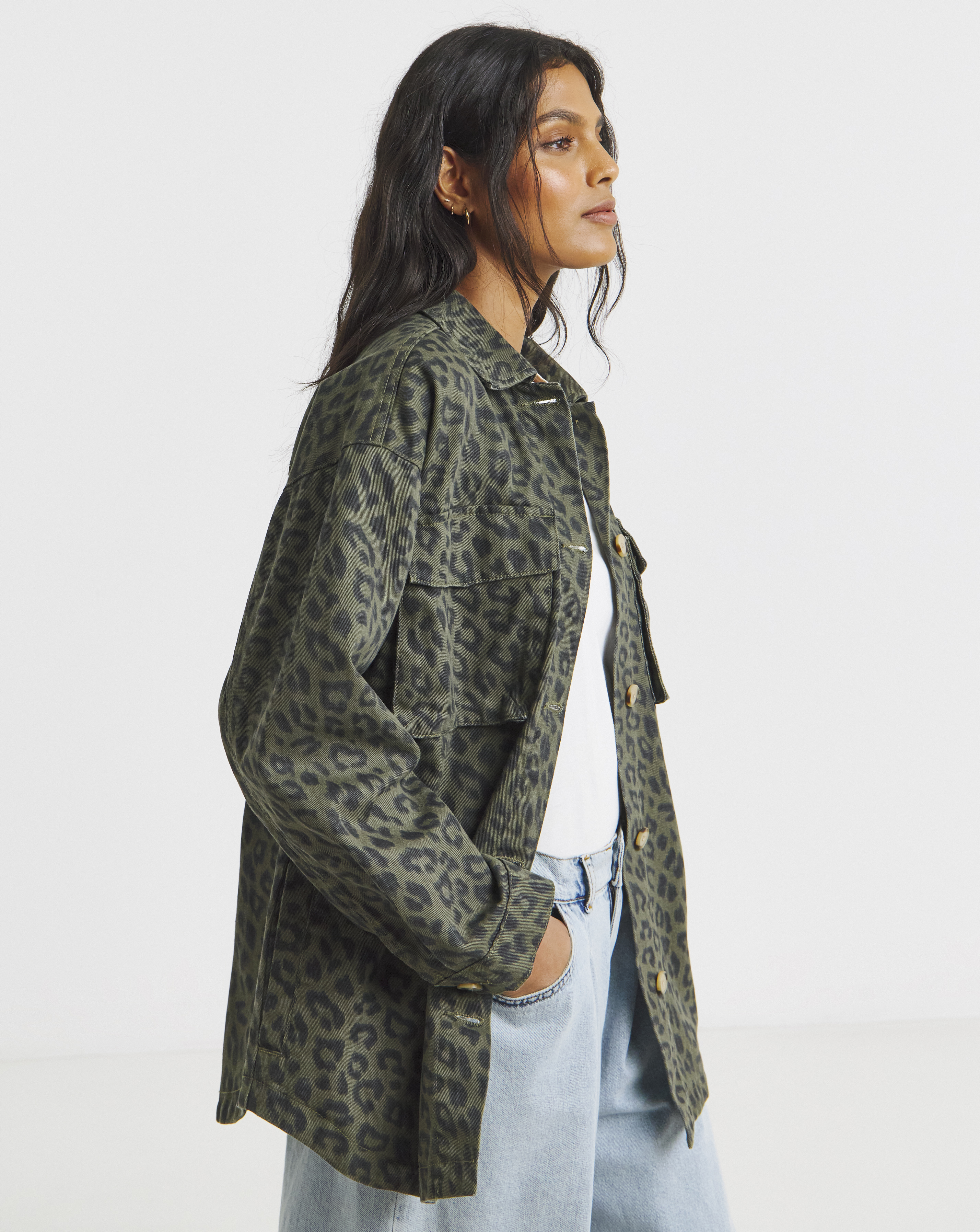 Olive Leopard Print Utility Shacket