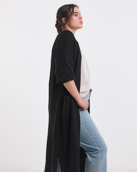 Black Longline Fisherman Rib Cardigan - Image