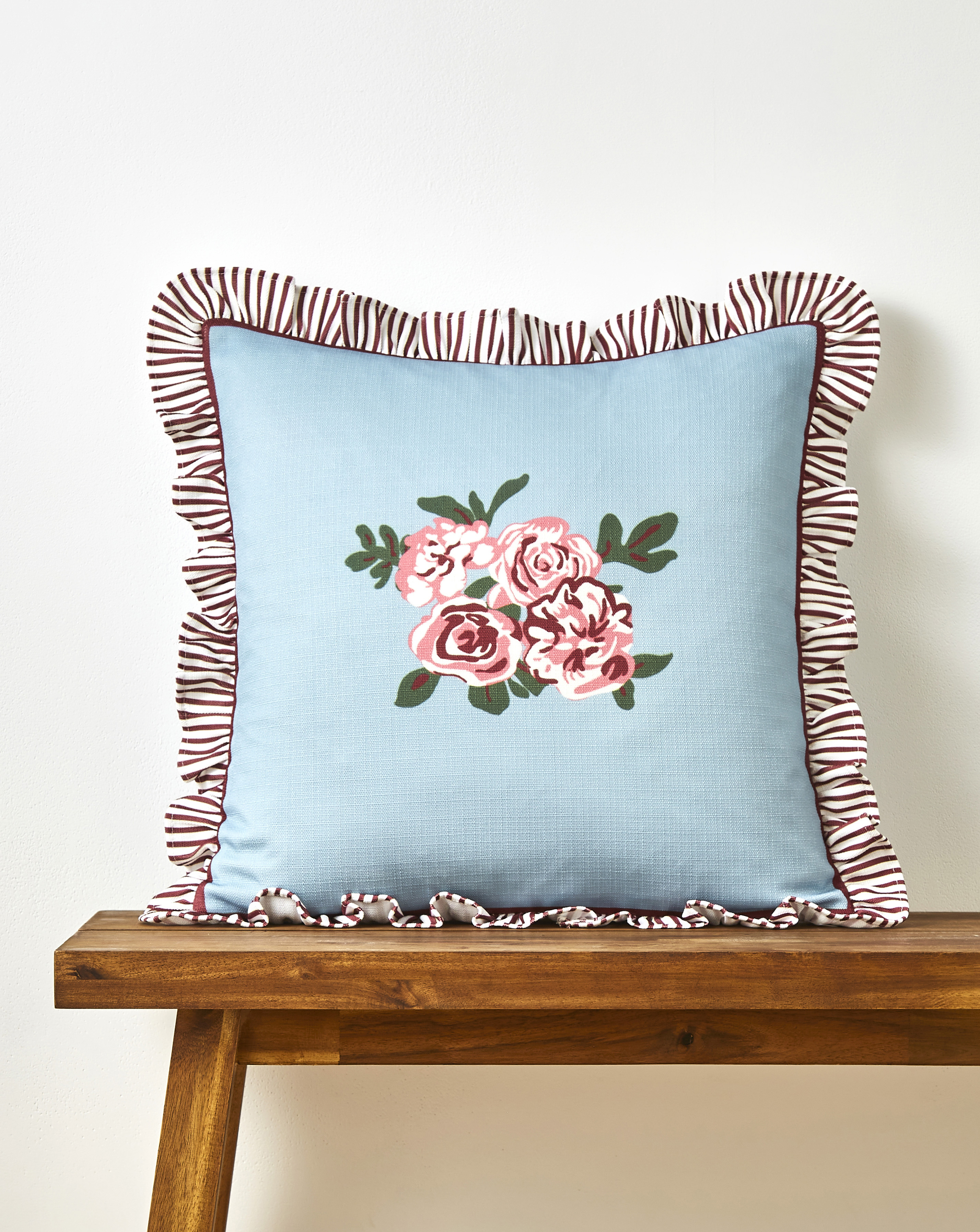 Bella Cushion with Striped Ruffled Edges