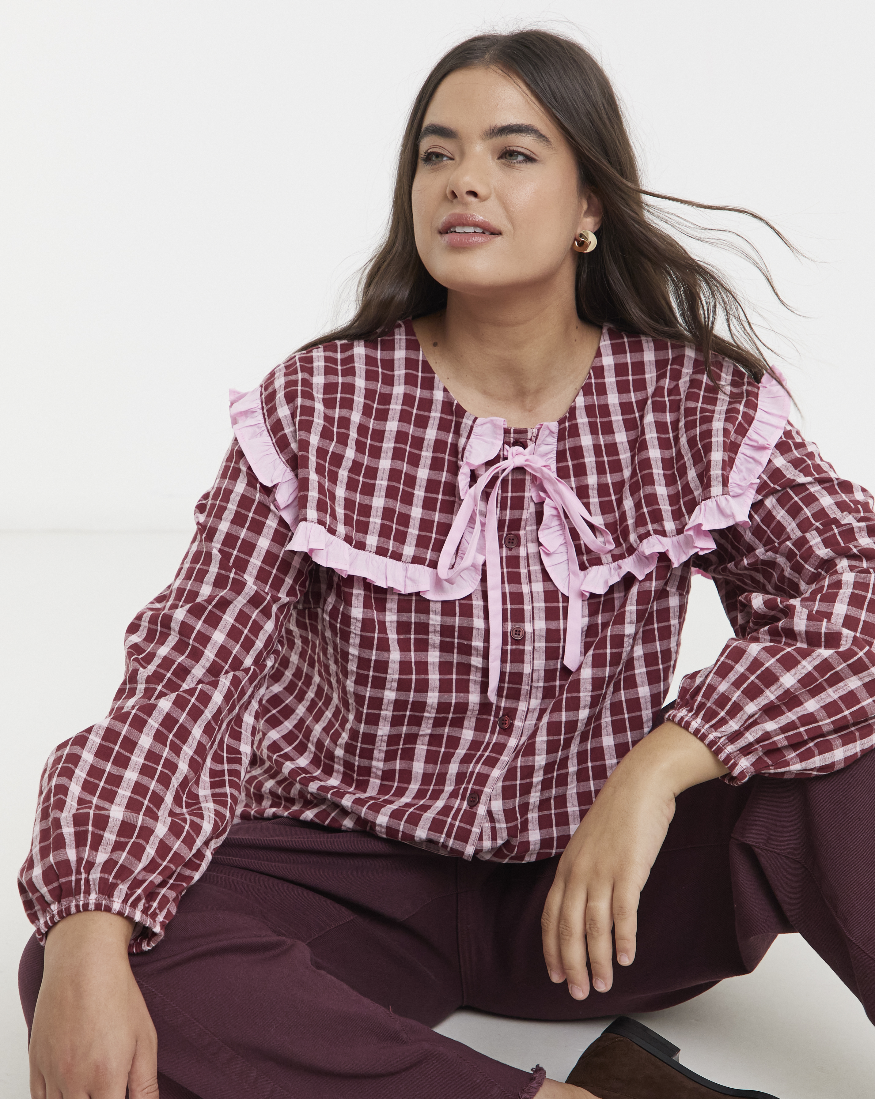 Neon Rose Sailor Collar Checked Blouse