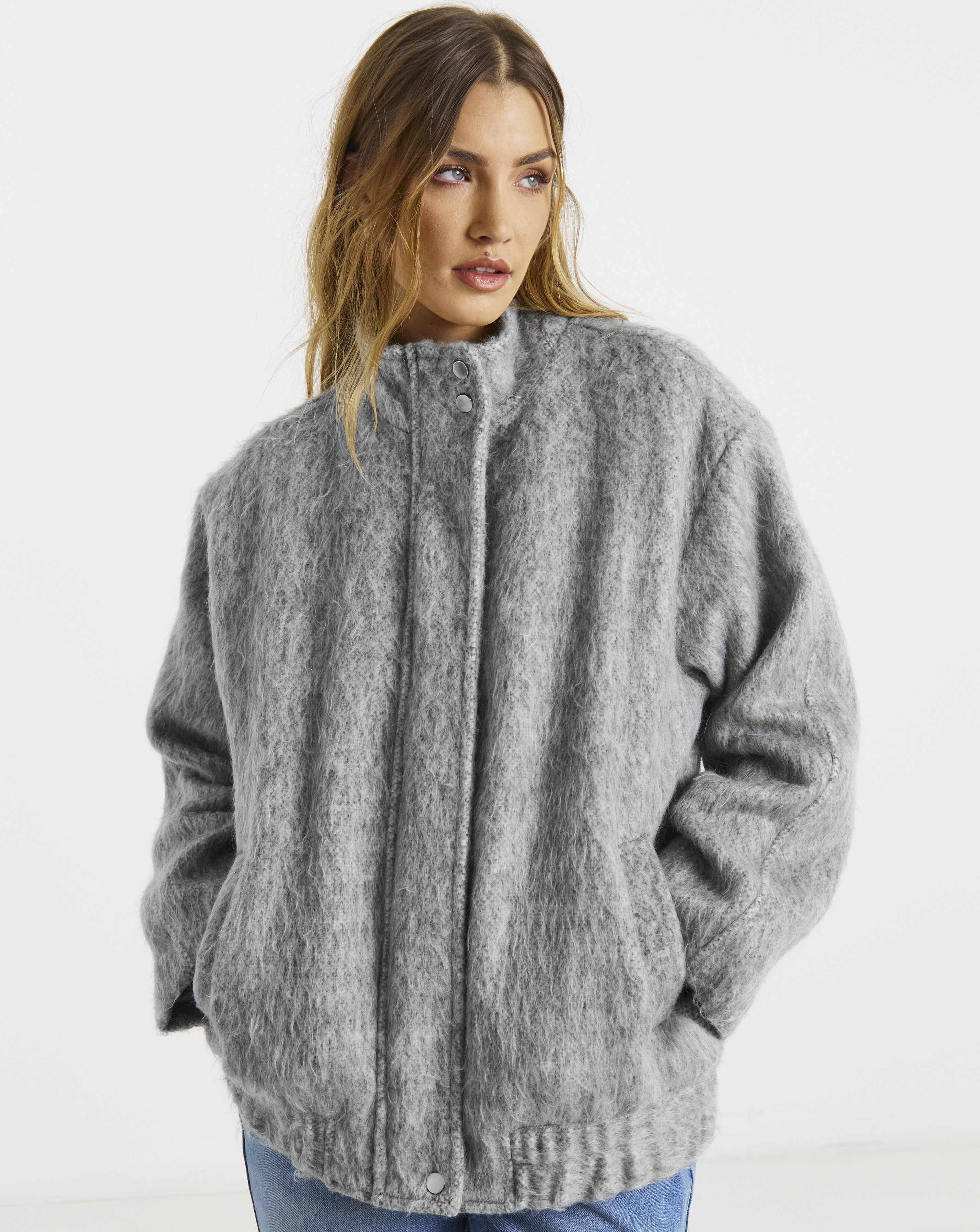 SBE Grey Wool Look Funnel Neck Jacket