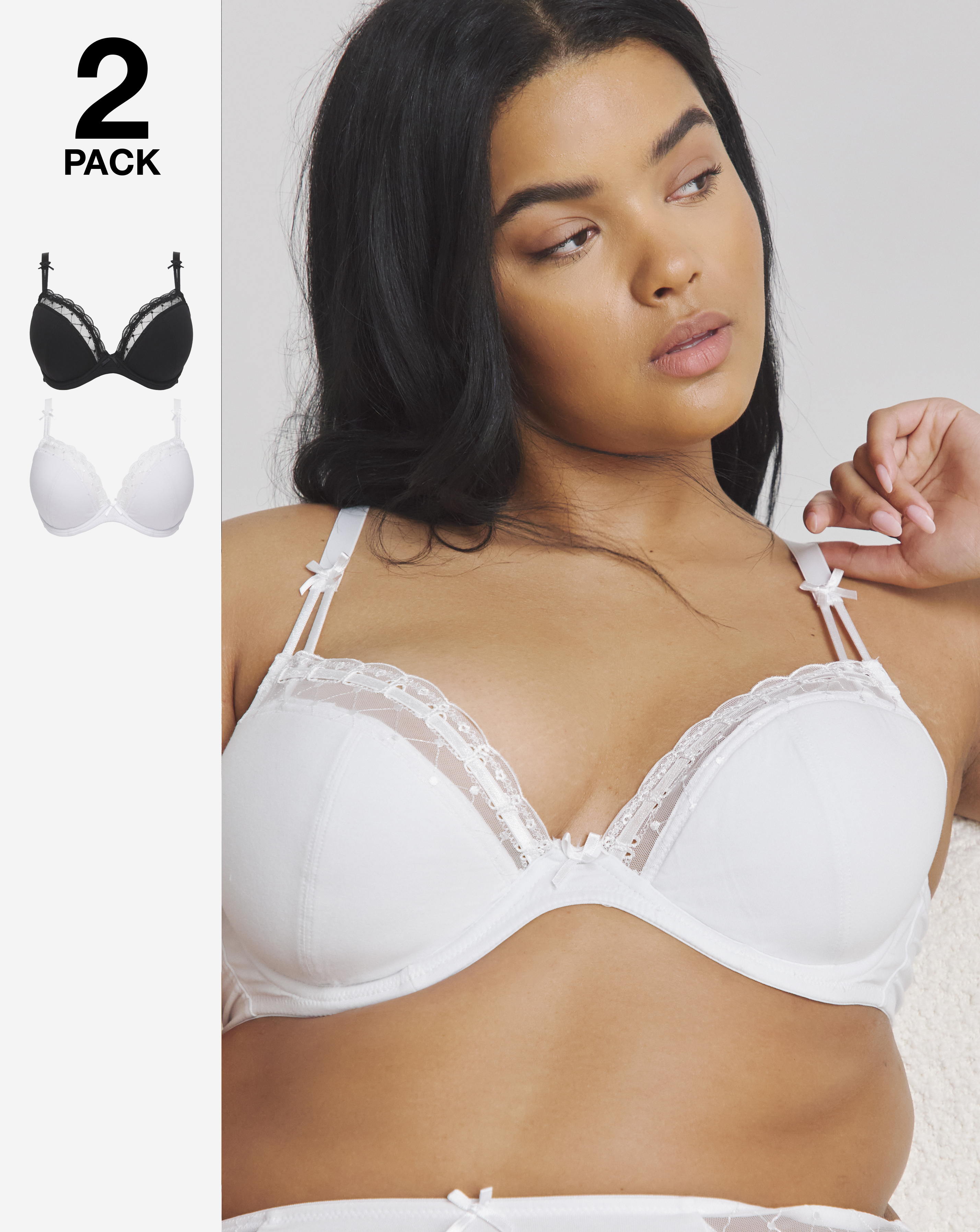 Pretty Secrets 2 Pack Rachel Everyday Embroidery Plunge In Black/white | UK Size 38B Women's
