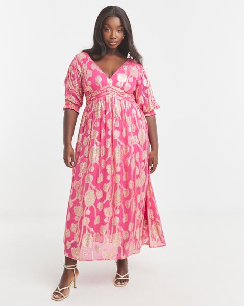 Simply Be - Women's Pink and Gold Wrap Midi Dress - Size 12 - Pink - 80% Viscose 20% Metallized Fibre