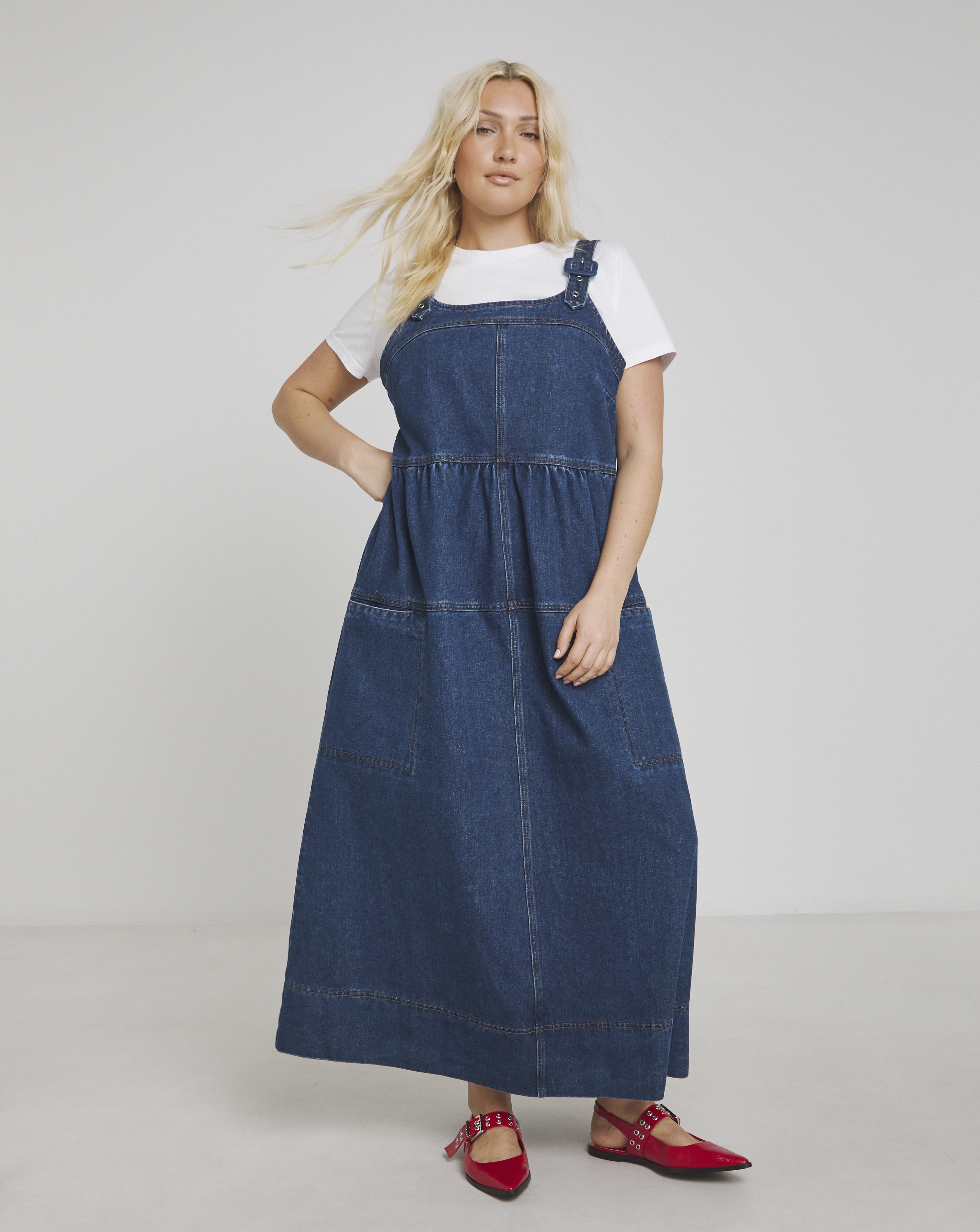 Simply Be - Women's Covered Buckle Dungaree Dress - Size 10 - Mid blue - 100% Cotton