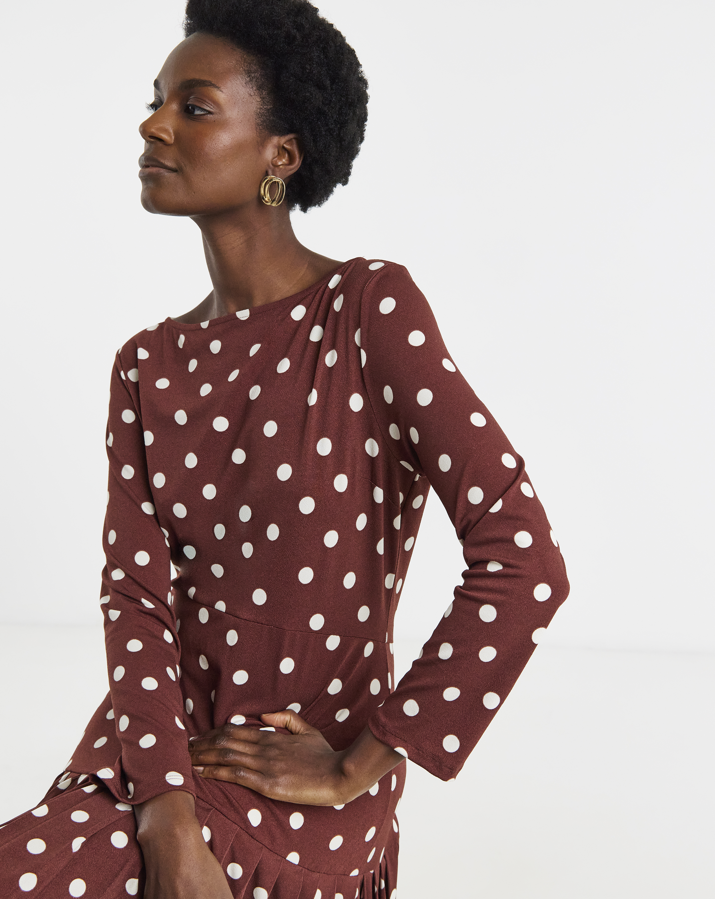 Spot Print Textured Jersey Pleated Dress