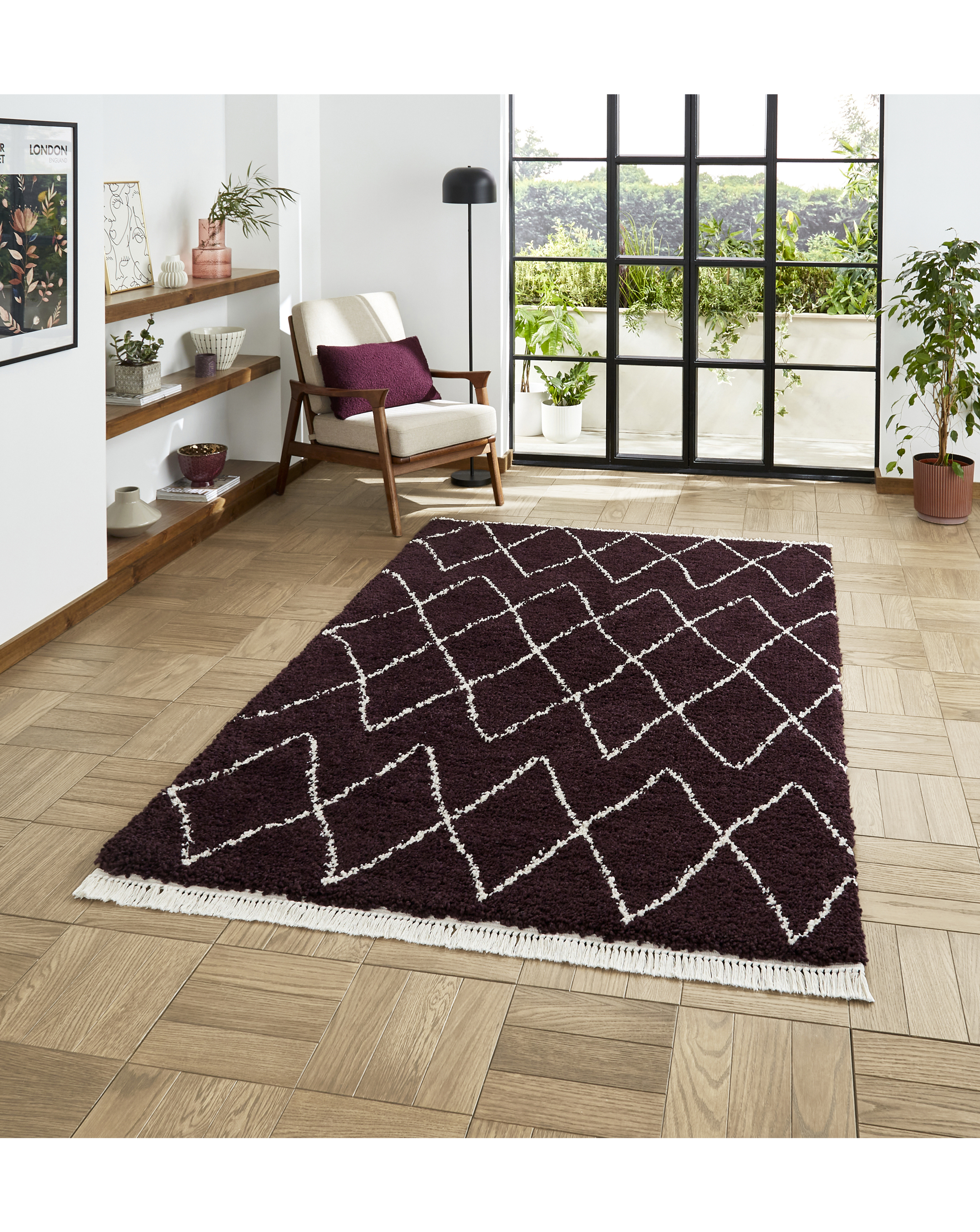 Think Rugs Boho Fringe Rug - Purple - 80x150 - 100% Polypropylene