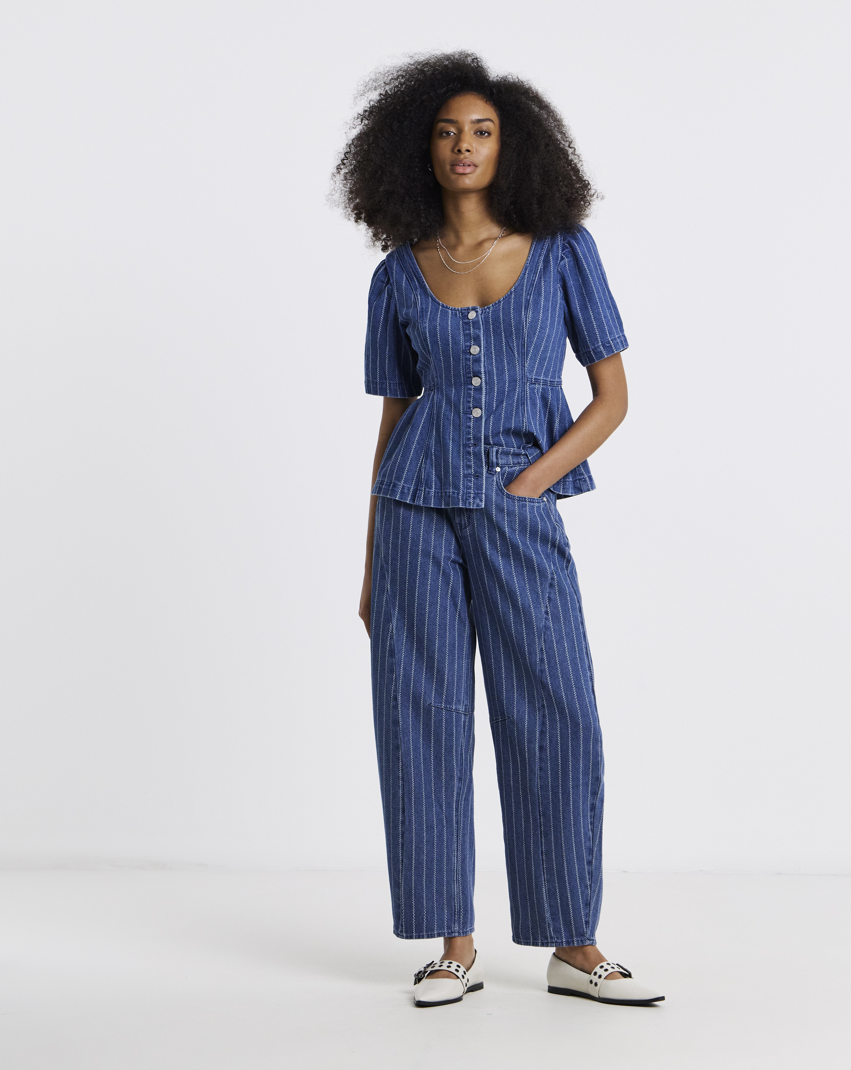 Simply Be Blue Stripe Barrel Jeans