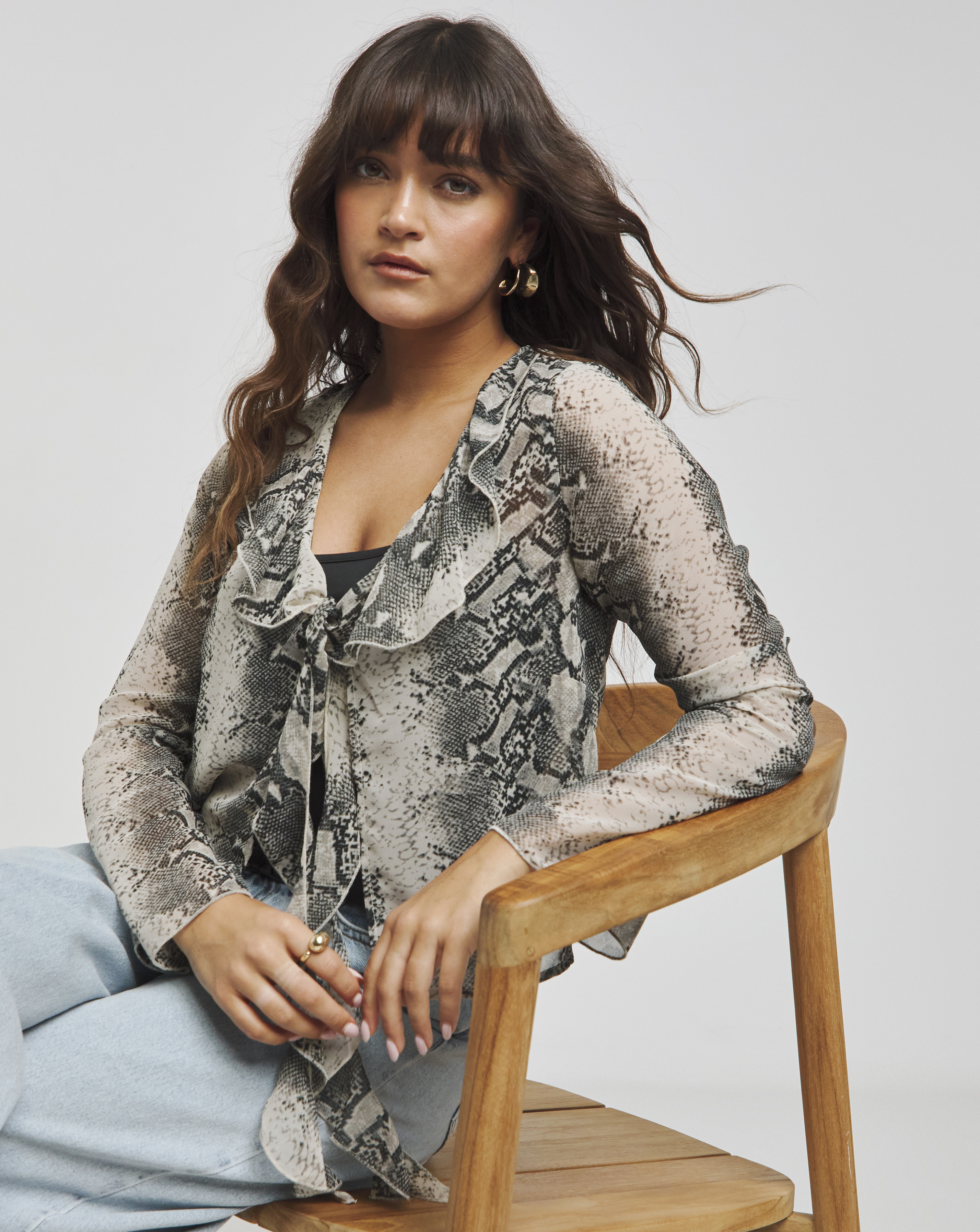 Snake Print Sheer Ruffle Blouse