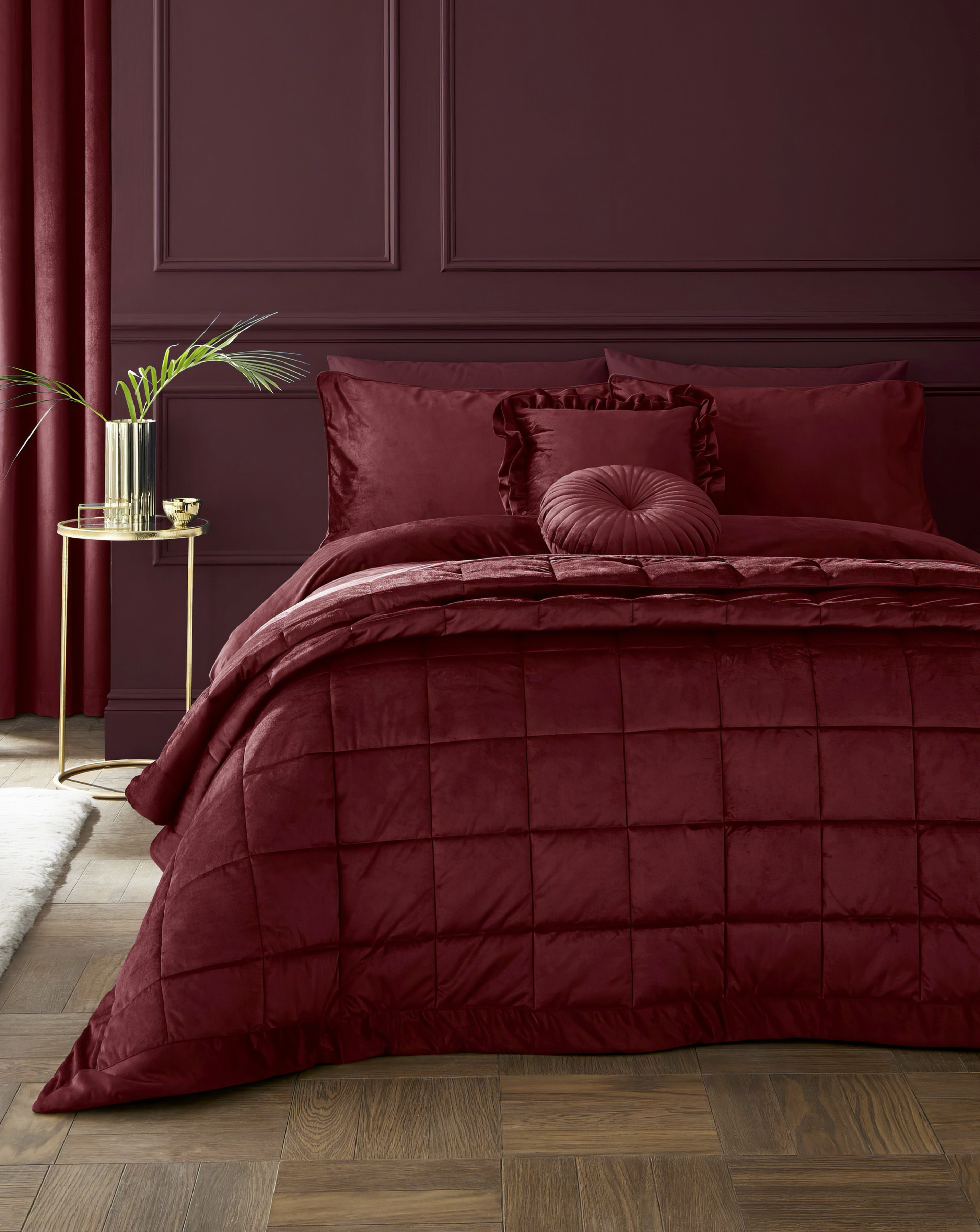 Catherine Lansfield Kingsley Matt Velvet Quilted 220x220cm Bedspread Burgundy - Image 10