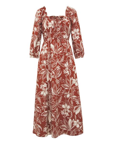 Linen Mix Sun Dress With Puff Sleeves