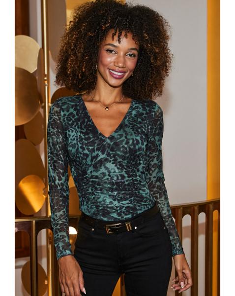 Sosandar Green Animal Mesh Top