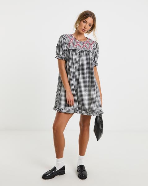 Neon Rose Gingham Mini Dress