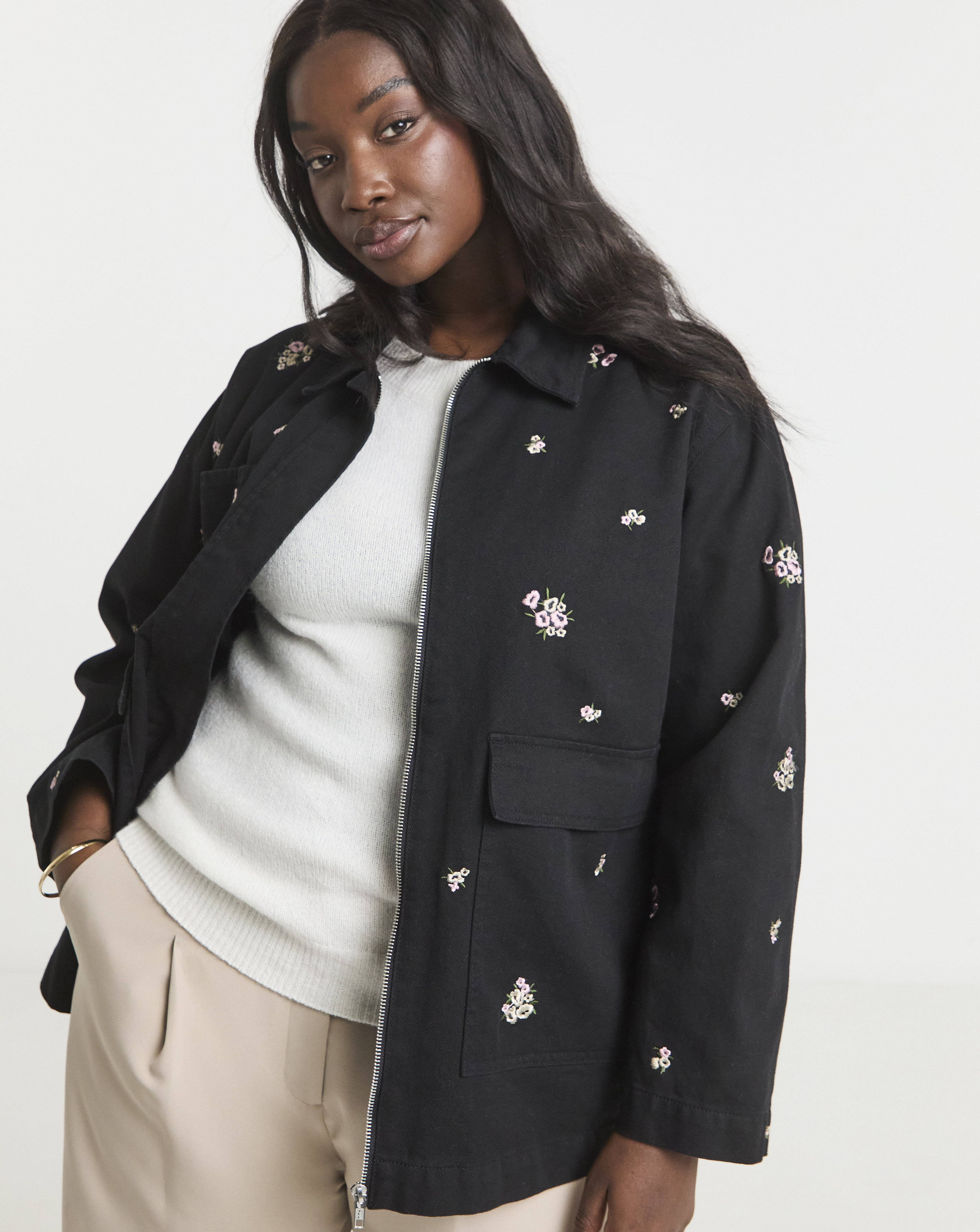 Floral Embroidered Utility Shacket