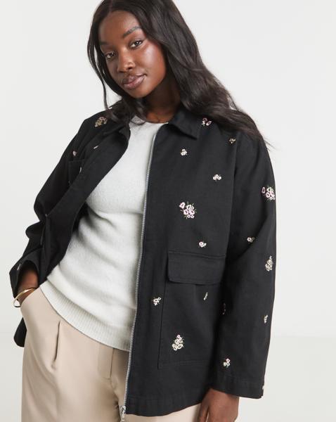 Floral Embroidered Utility Shacket