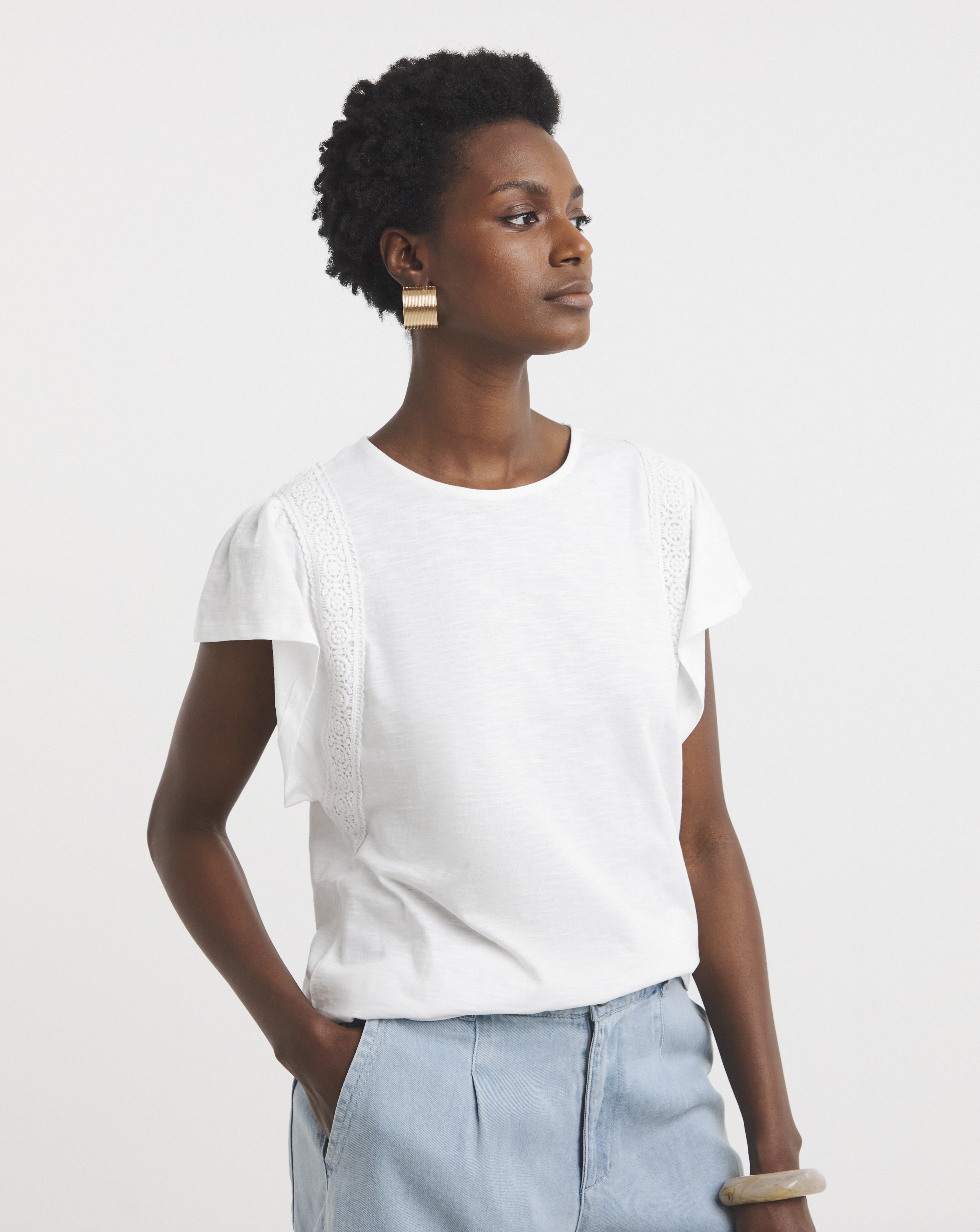 Broderie Trim Frill Sleeve Top