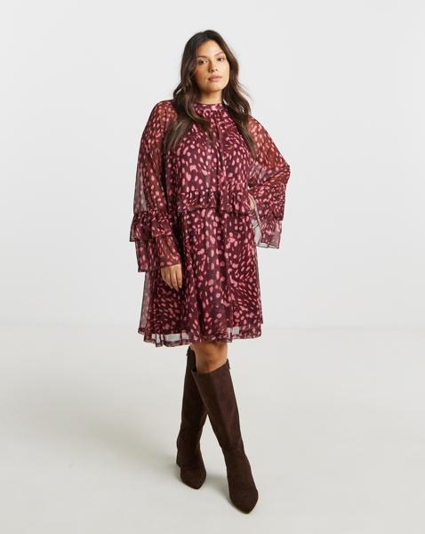 Simply Be - Women's Printed Romantic Mesh Smock Dress - Size 10 - Burgundy multi - 93% Polyester 7% Elastane