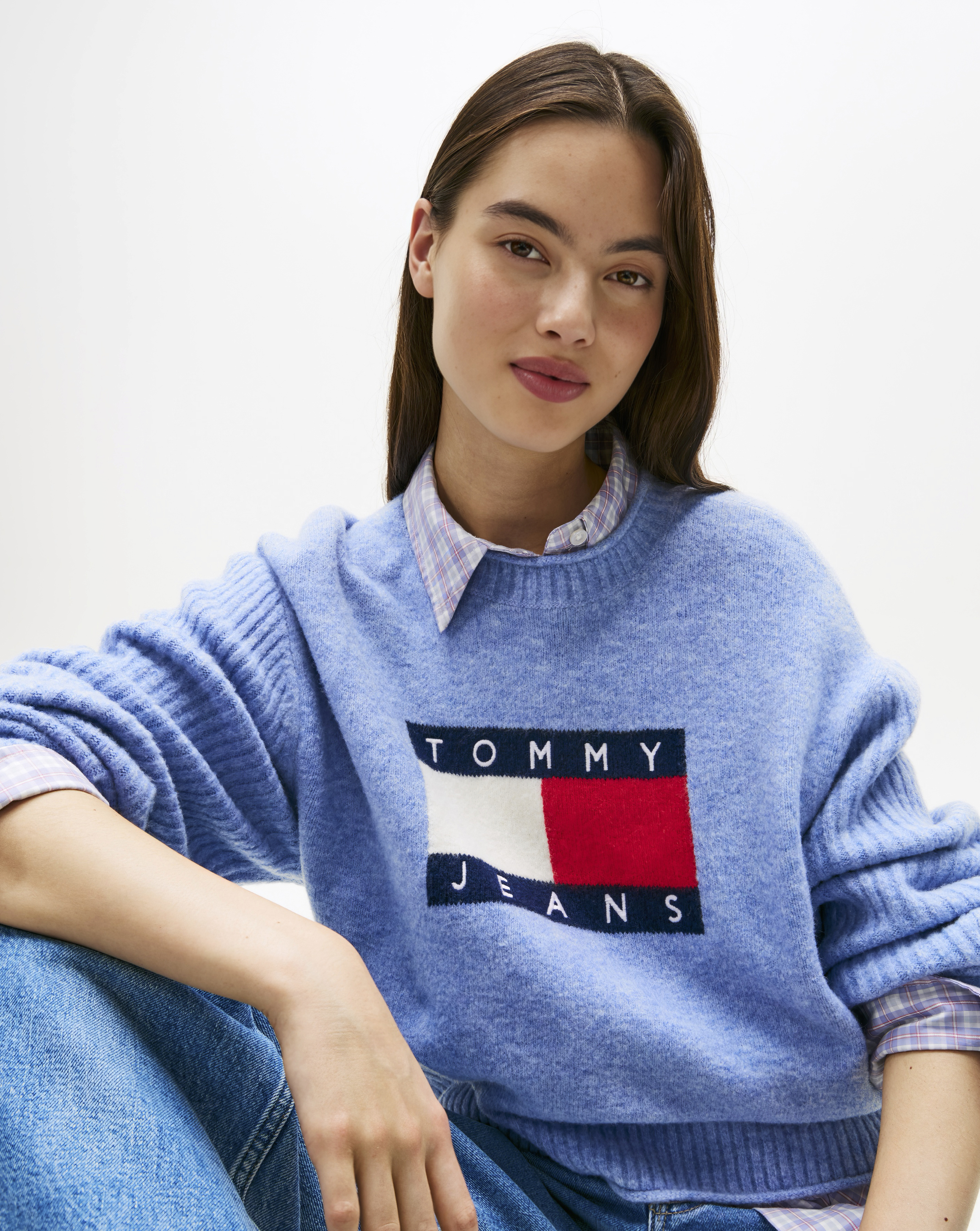 Tommy Jeans Women's Blue Melange Flag Sweater Size XL