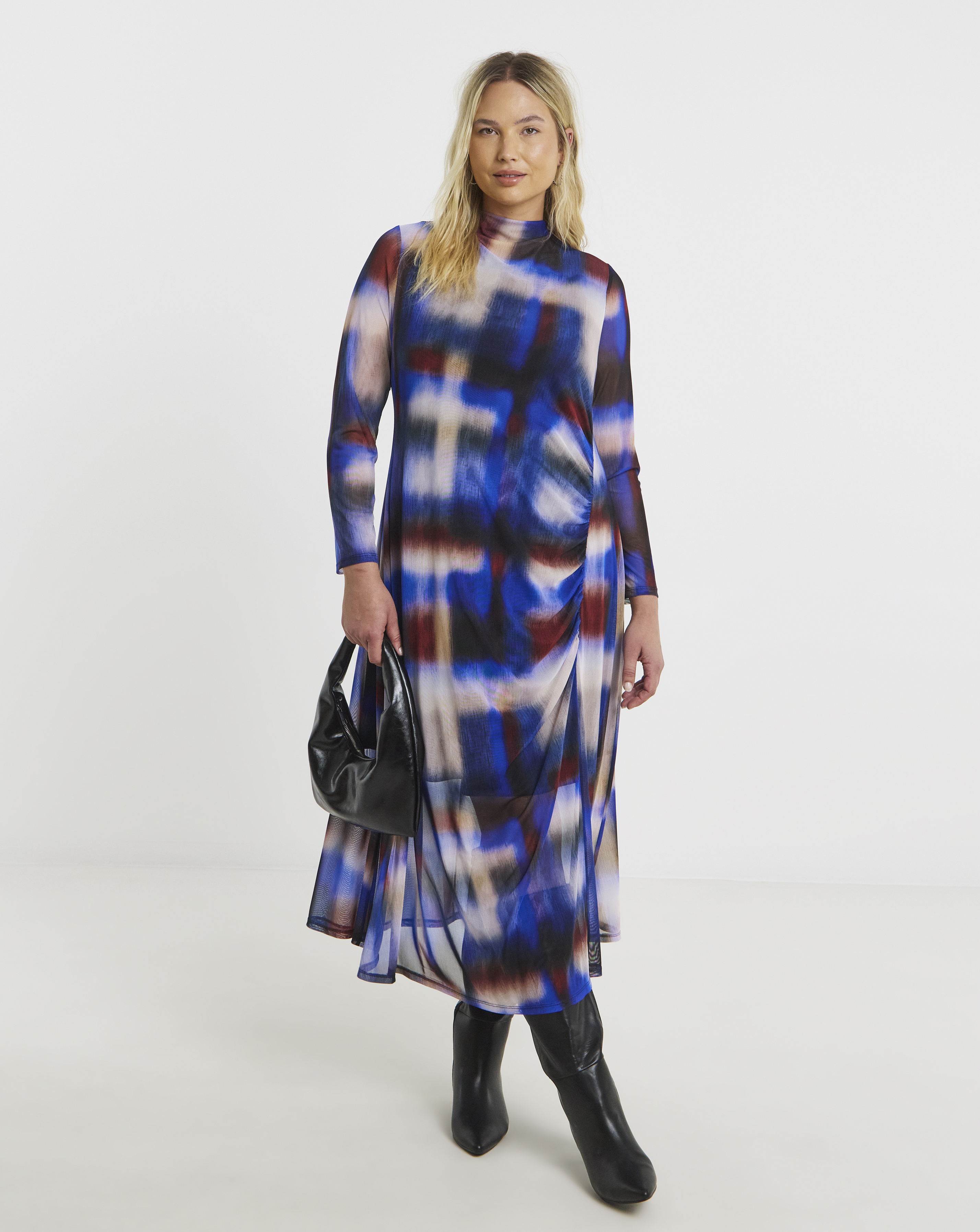 Ruched Mesh Midi Dress