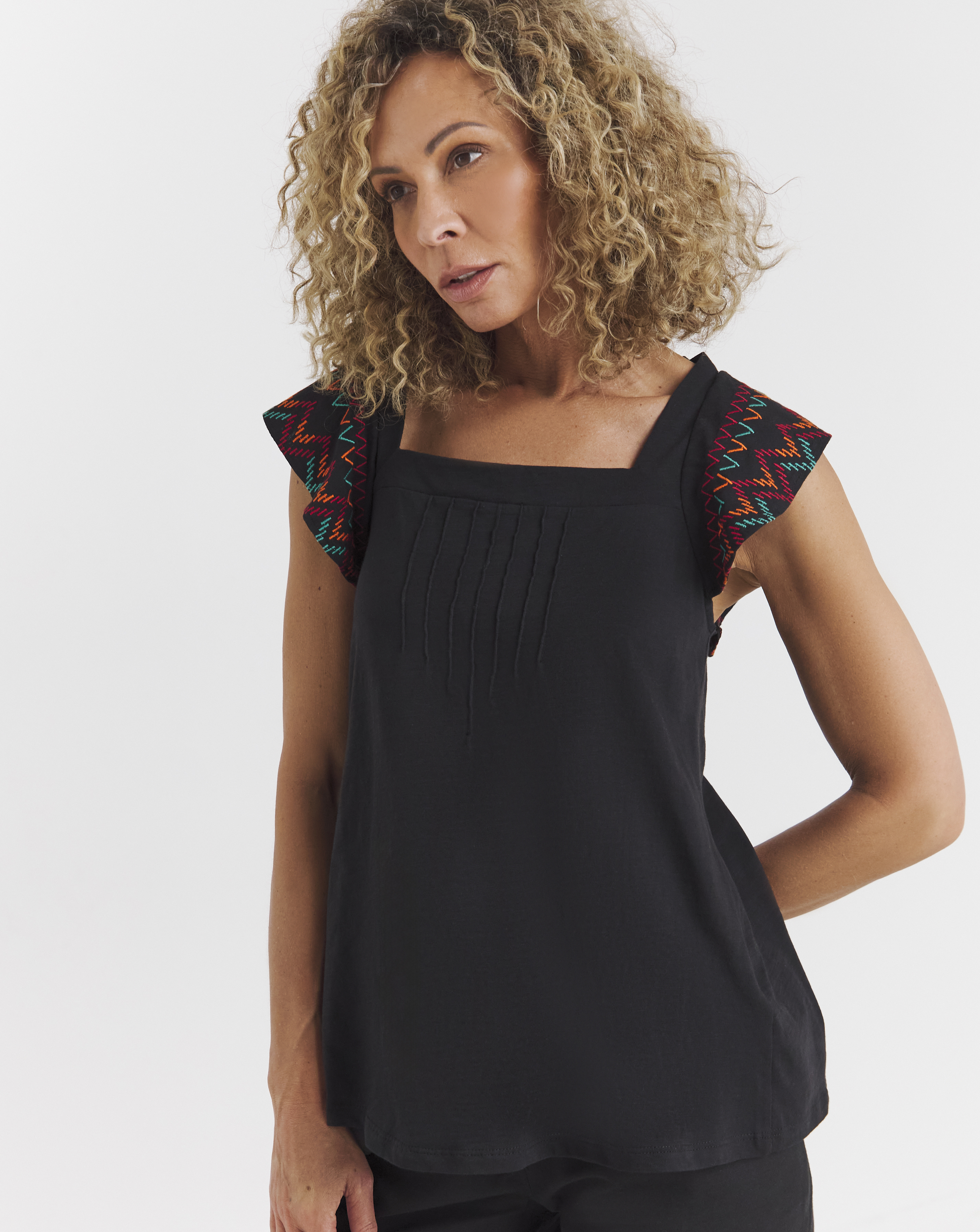 Square Neck Embroidered Sleeve Top