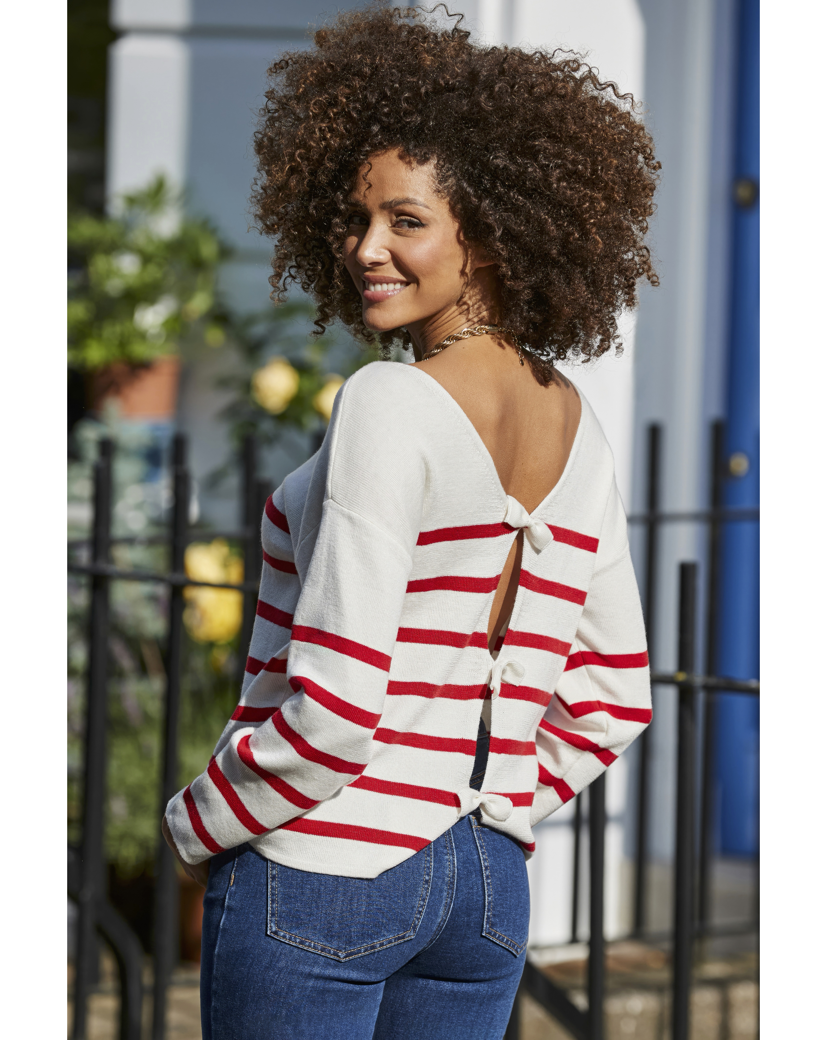 Sosandar Red Stripe Stripe Bow Detail Jumper - Extra Large