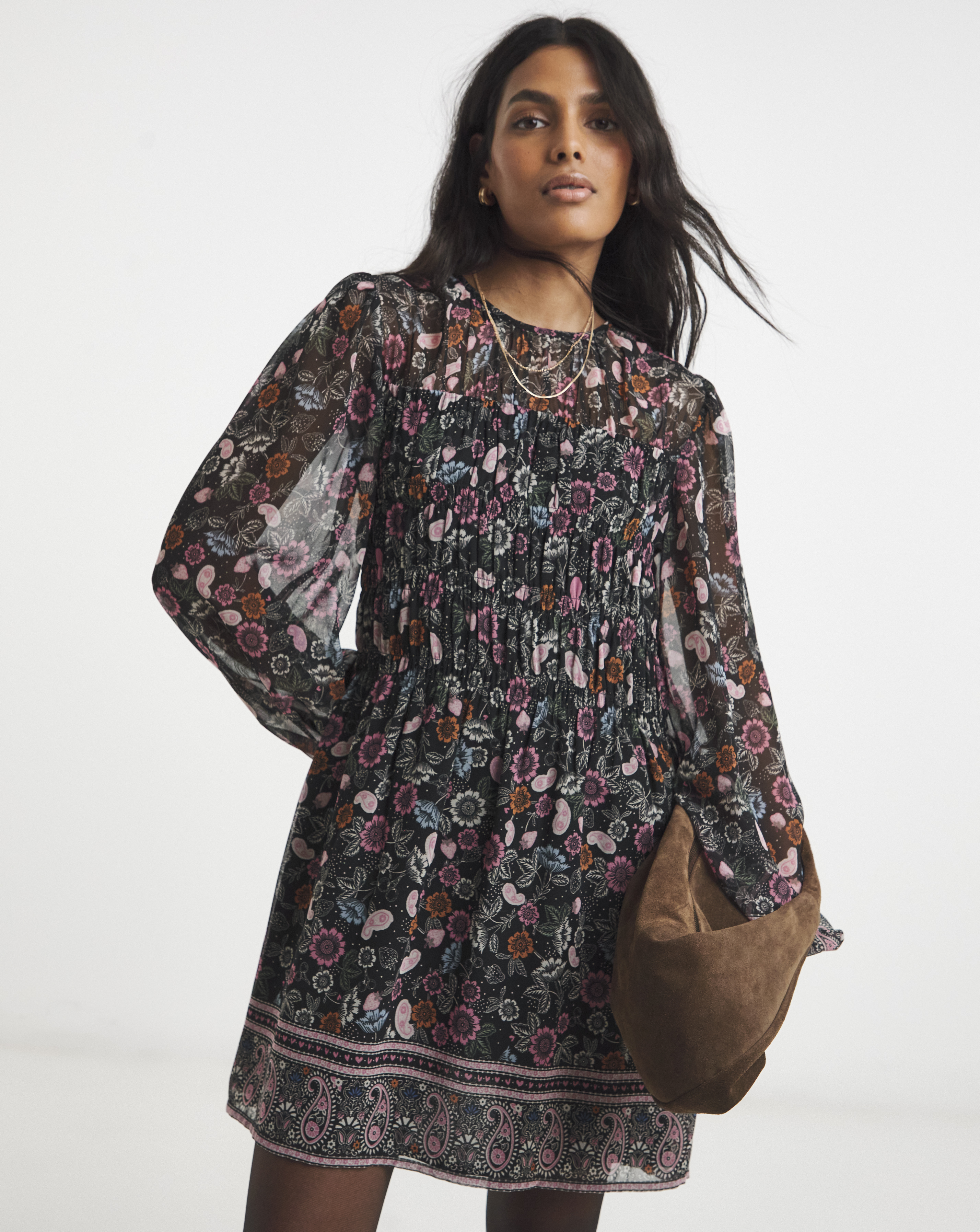 Shirred Floral Border Print Skater Dress