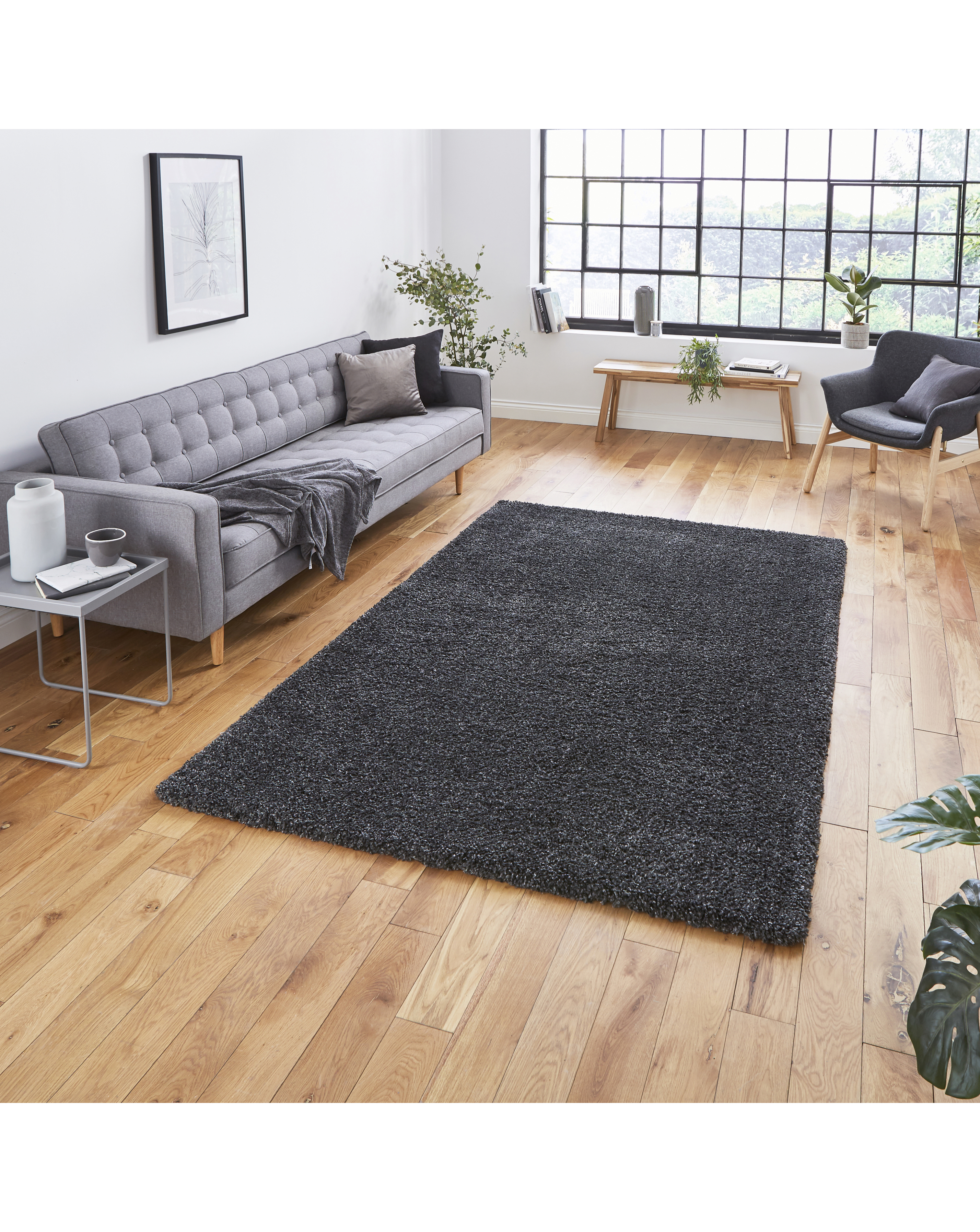 Think Rugs Sierra Shaggy Rug Dark Grey 160x220 - 100% Polypropylene - Soft High-Density Pile