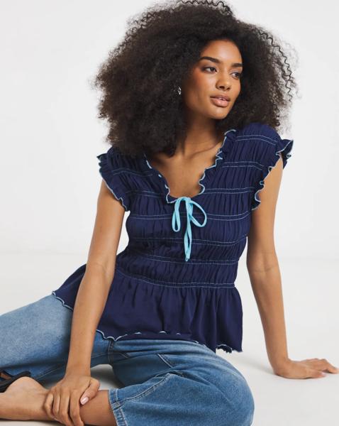 Shirred Peplum V Neck Top