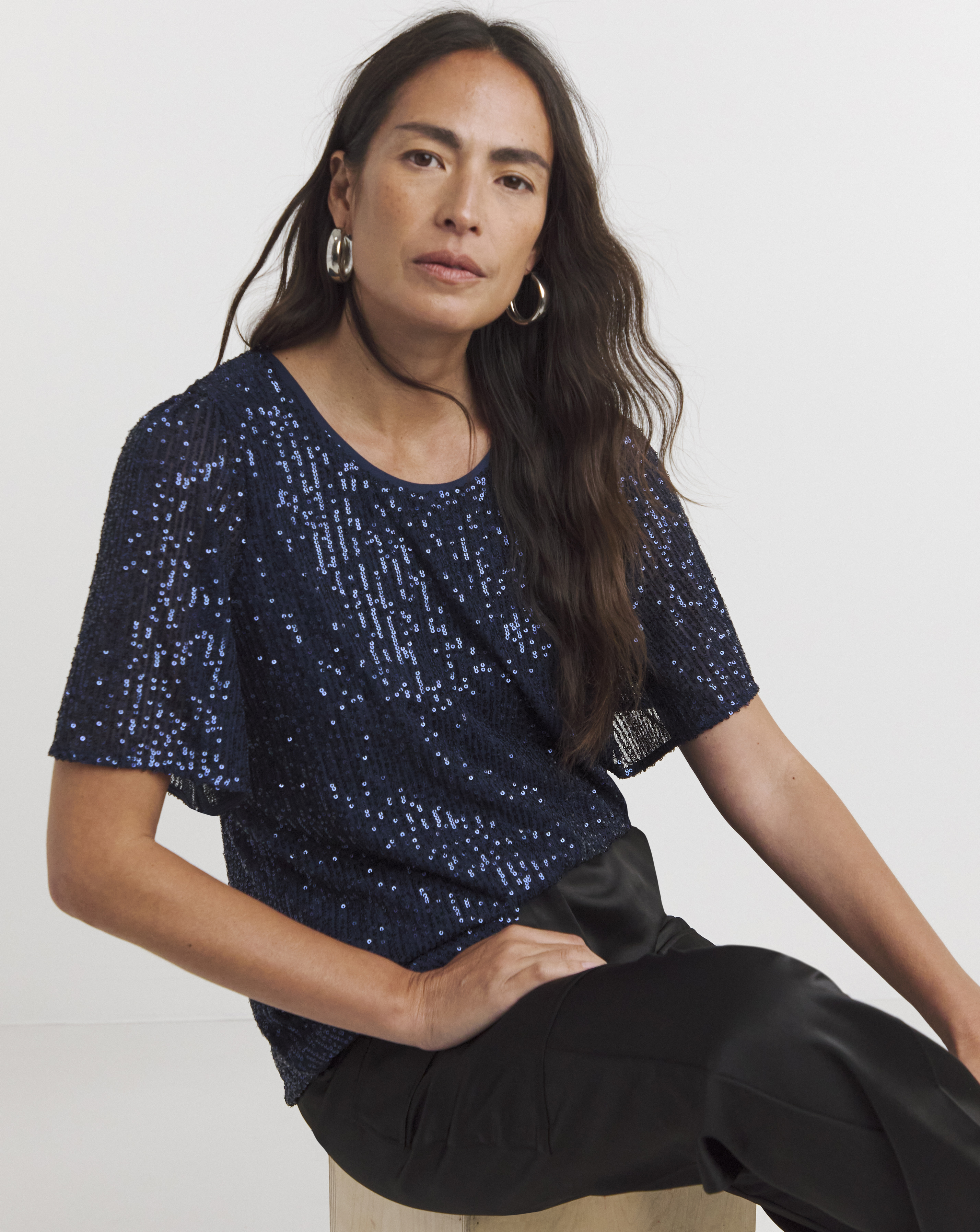 Navy Sequin Angel Sleeve Top