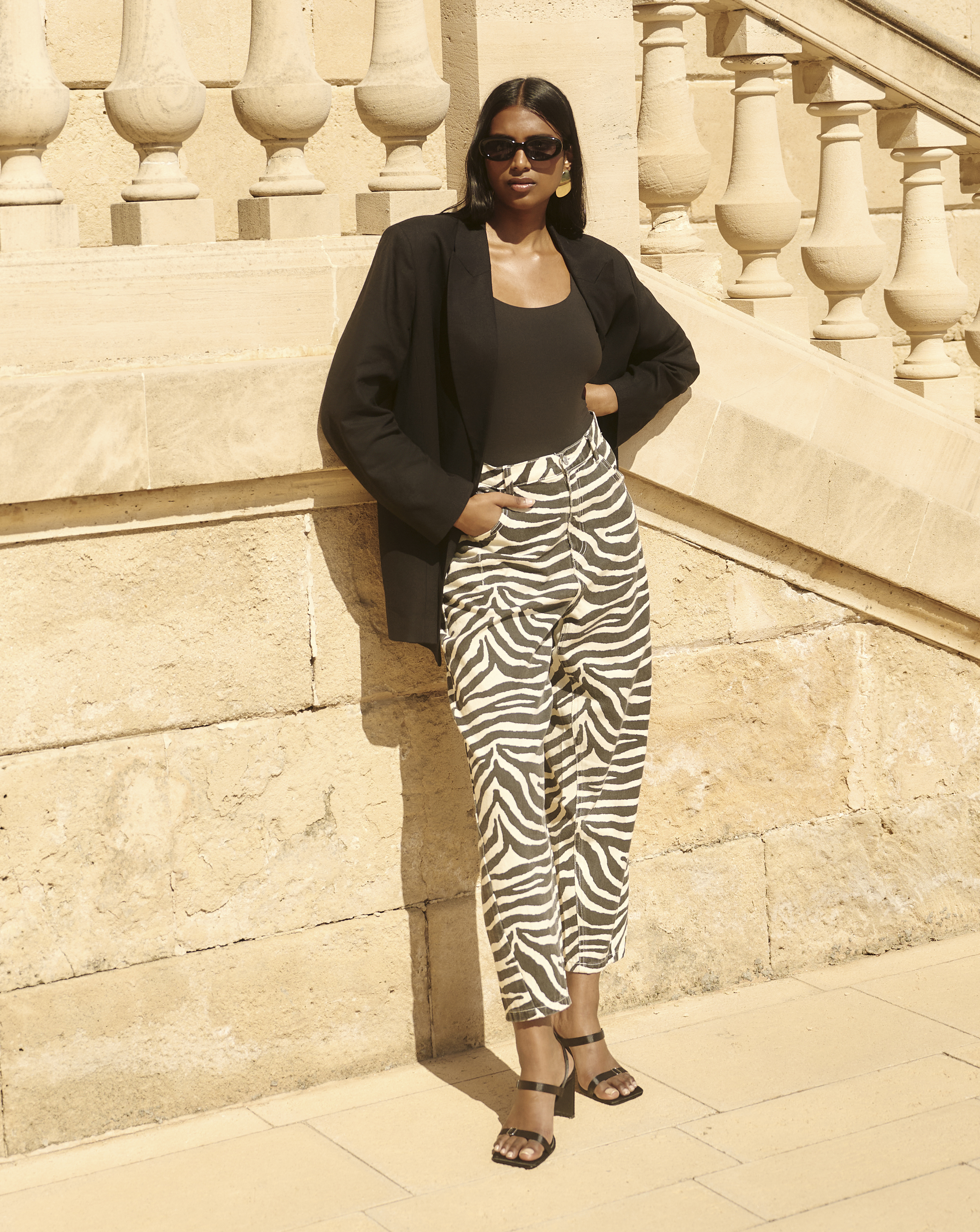 SBE Zebra Print Denim Barrel Jeans